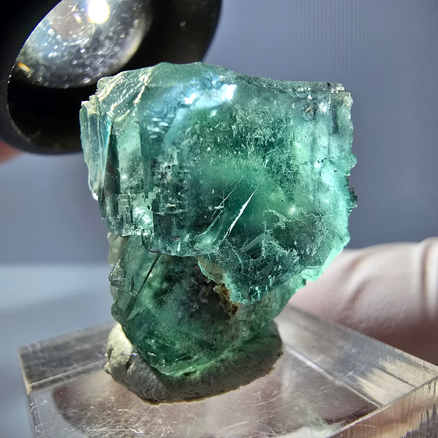 Cube de fluorite fantôme transparente parquetée, vert Okorusu, Namibie 25 x 19 x 15 mm