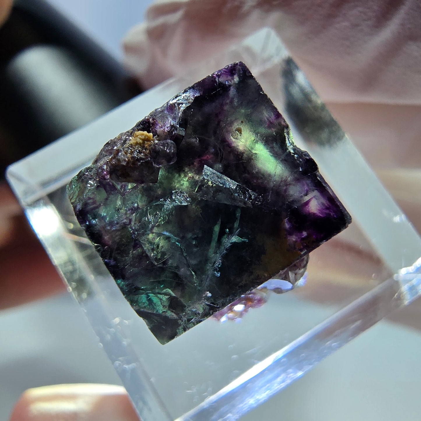 Spécimen de cube de fluorite fantôme, parqueté vert violet Okorusu, Namibie 15*15*14 mm