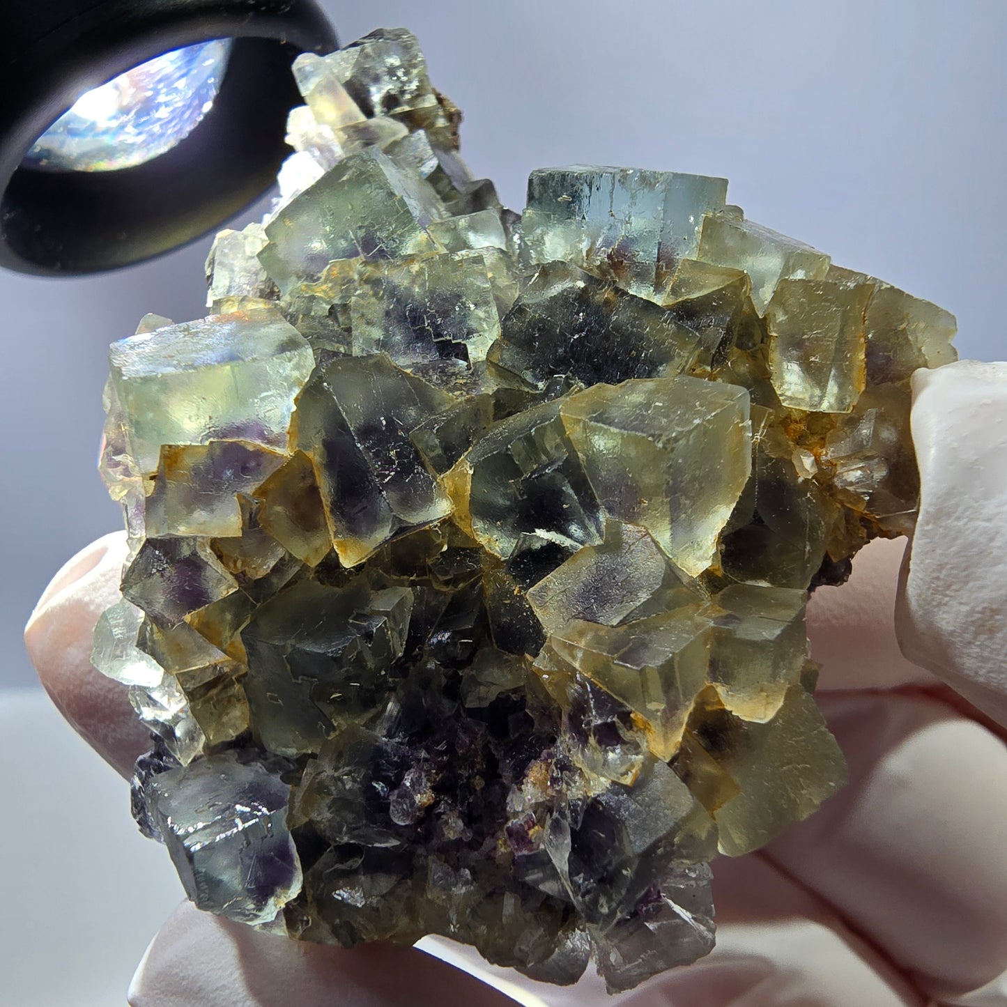 Spécimen de cube de fluorite fantôme transparente, vert-violet, Okorusu, Namibie, 54 x 41 x 22 mm