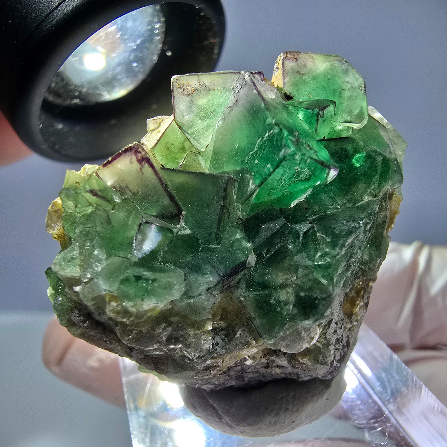 Cube de fluorite fantôme, zonal, muscovite, spécimen de calcite UV, Erongo, Namibie, 31 x 31 x 19 mm