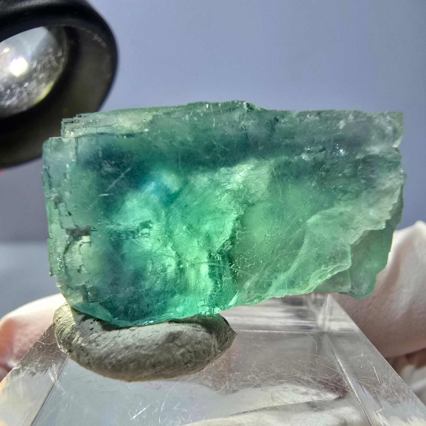 Cube de fluorite fantôme transparente parquetée, vert Okorusu, Namibie 28 x 23 x 18 mm