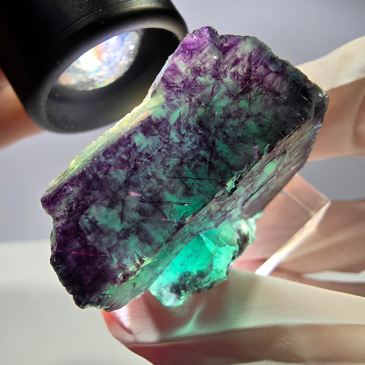 Rare cube de fluorite fantôme parqueté vert violet Okorusu Namibie 32*31*22mm