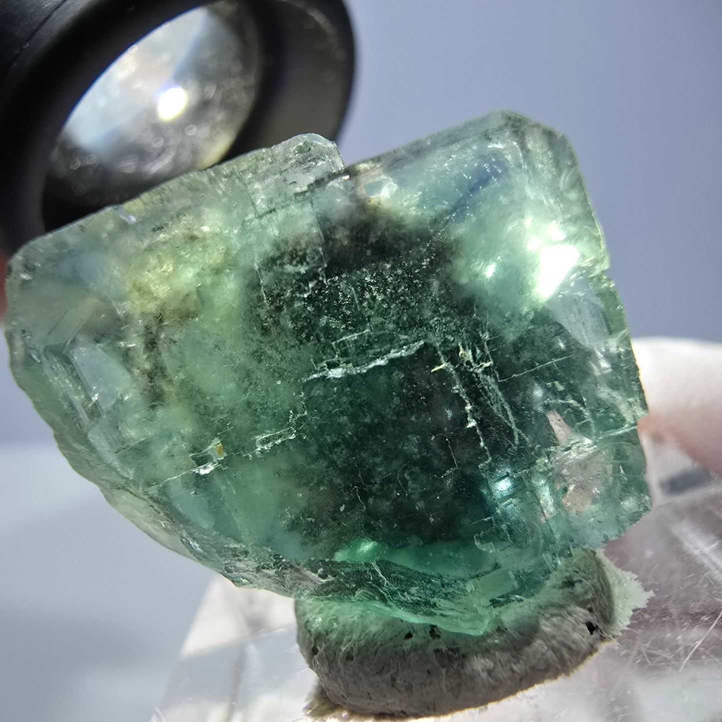 Cube de fluorite fantôme transparente parquetée, vert Okorusu, Namibie 20 x 19 x 15 mm
