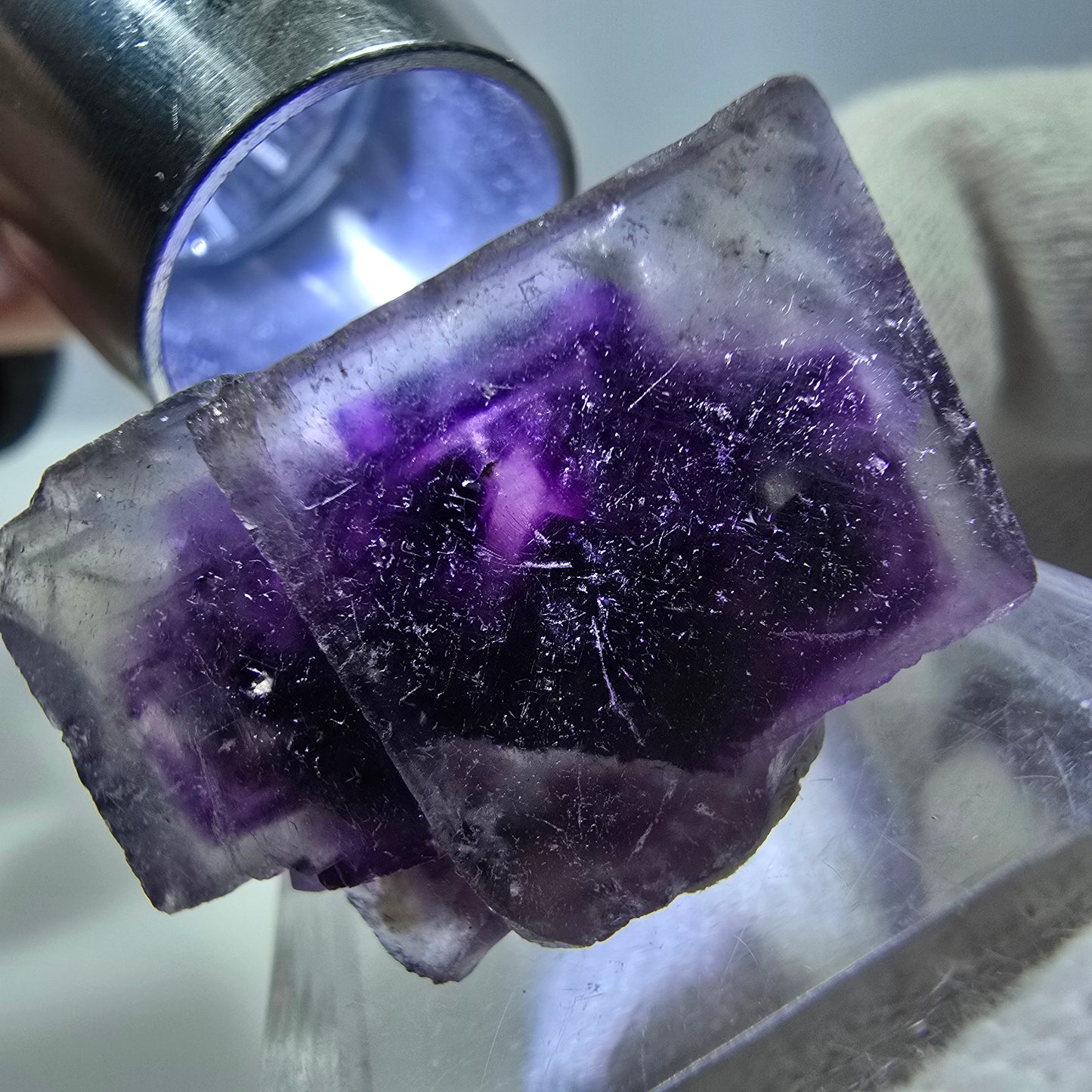 Spécimen de cube de fluorite fantôme, vert violet, Okorusu, Namibie, 26 x 18 x 15 mm