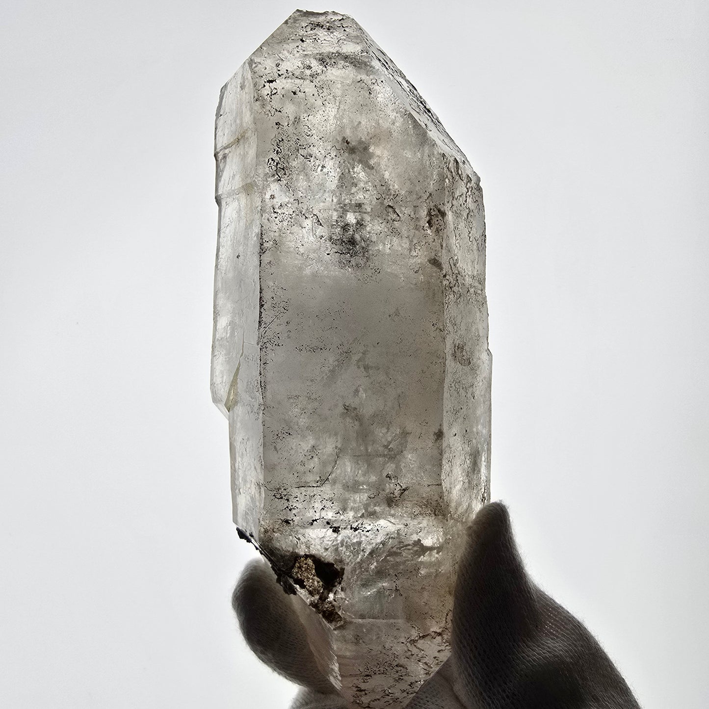 Sceptre DT en quartz fumé squelette Enhydro, poche Valentine en calcite UV, Namibie 153 x 62 x 39 mm
