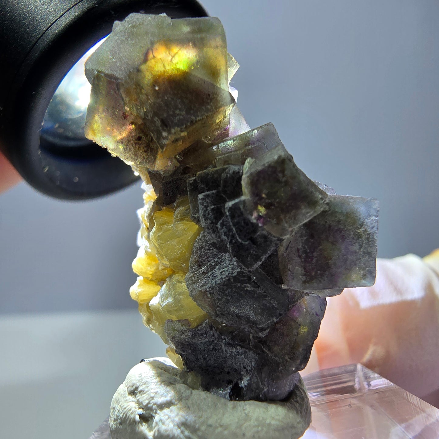 Cubes de fluorite fantôme colorés, spécimen de muscovite, Erongo, Namibie, 33 x 20 x 16 mm