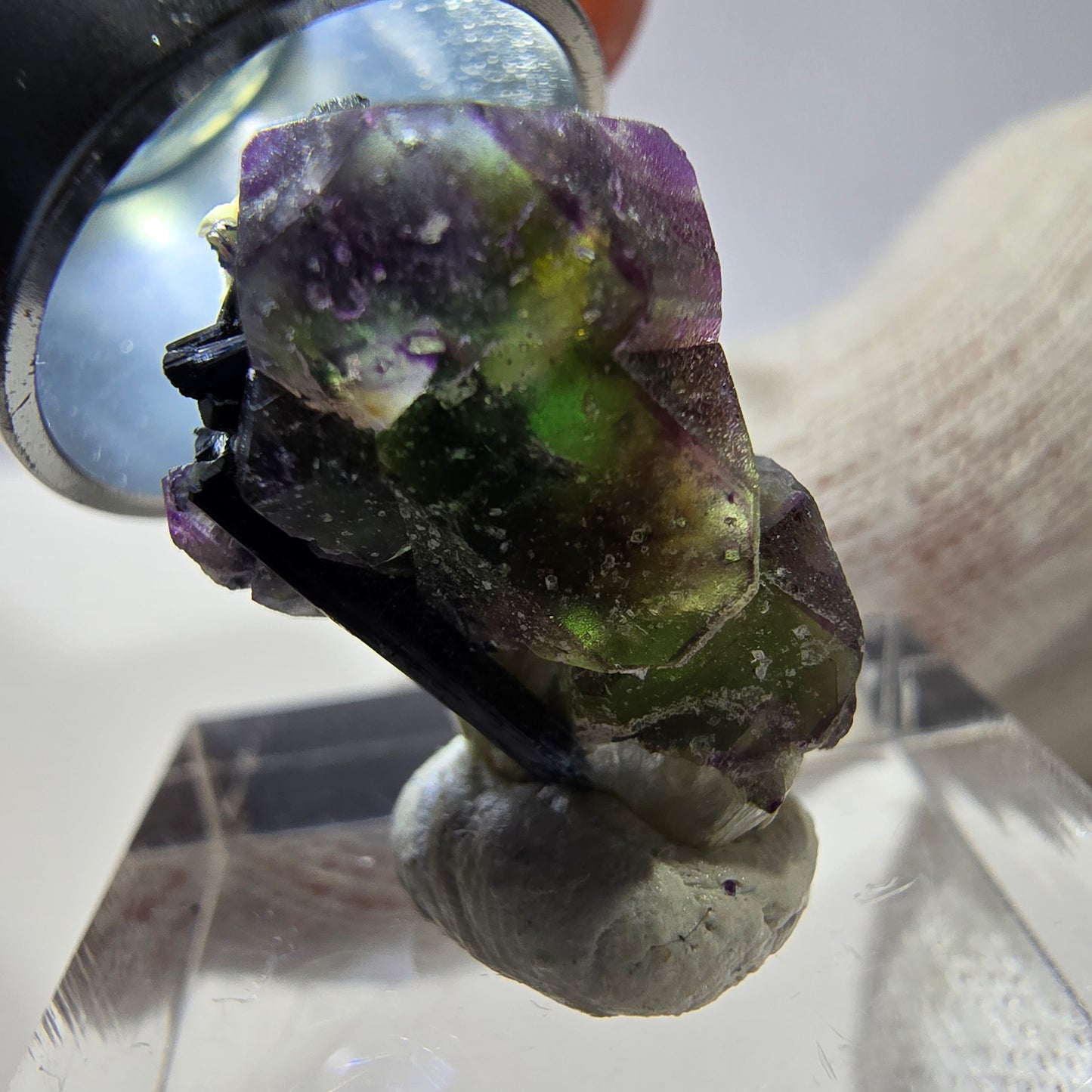 Cube de fluorite fantôme hexagonal, muscovite, tourmaline Schörl Erongo, Namibie 21*14*11mm