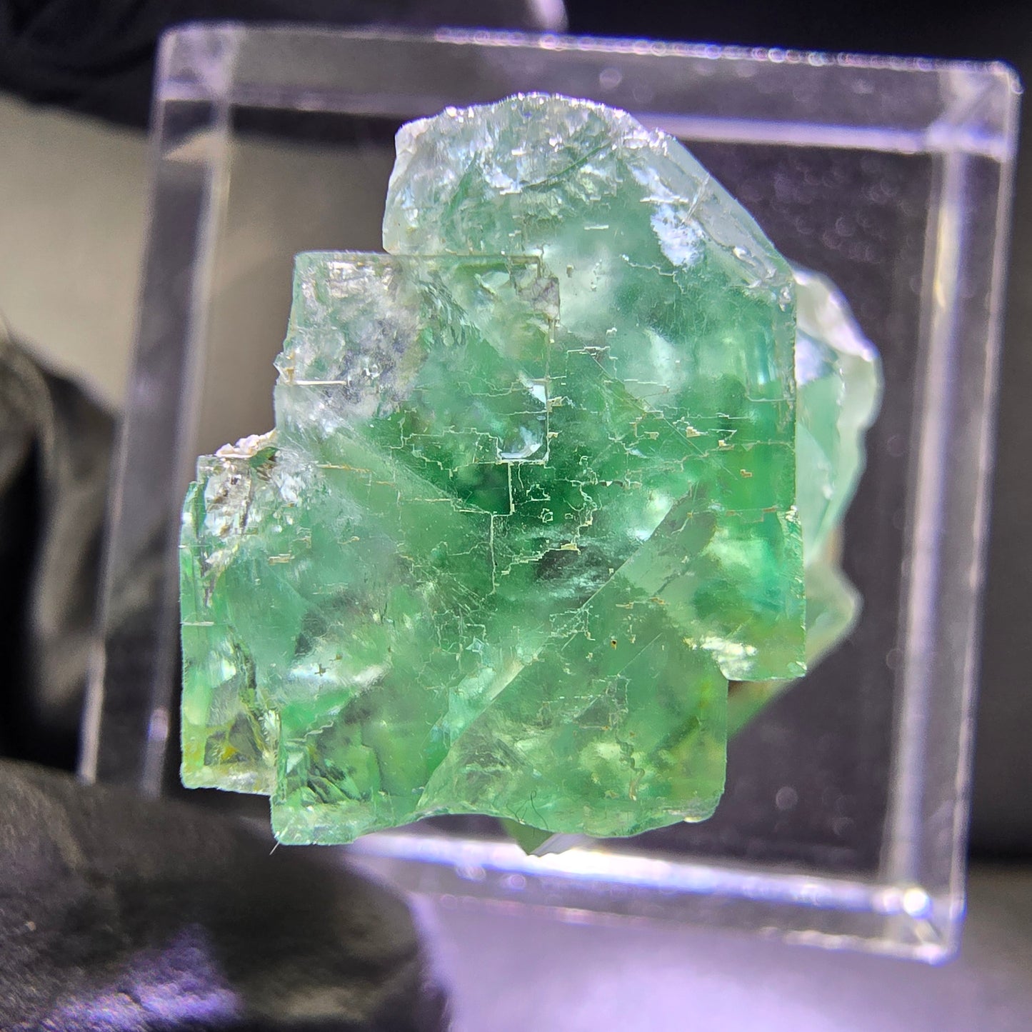 Klare Phantom Fluorit XX Würfel Stufe grün lila 19*17*11mm aus Okorusu, Namibia