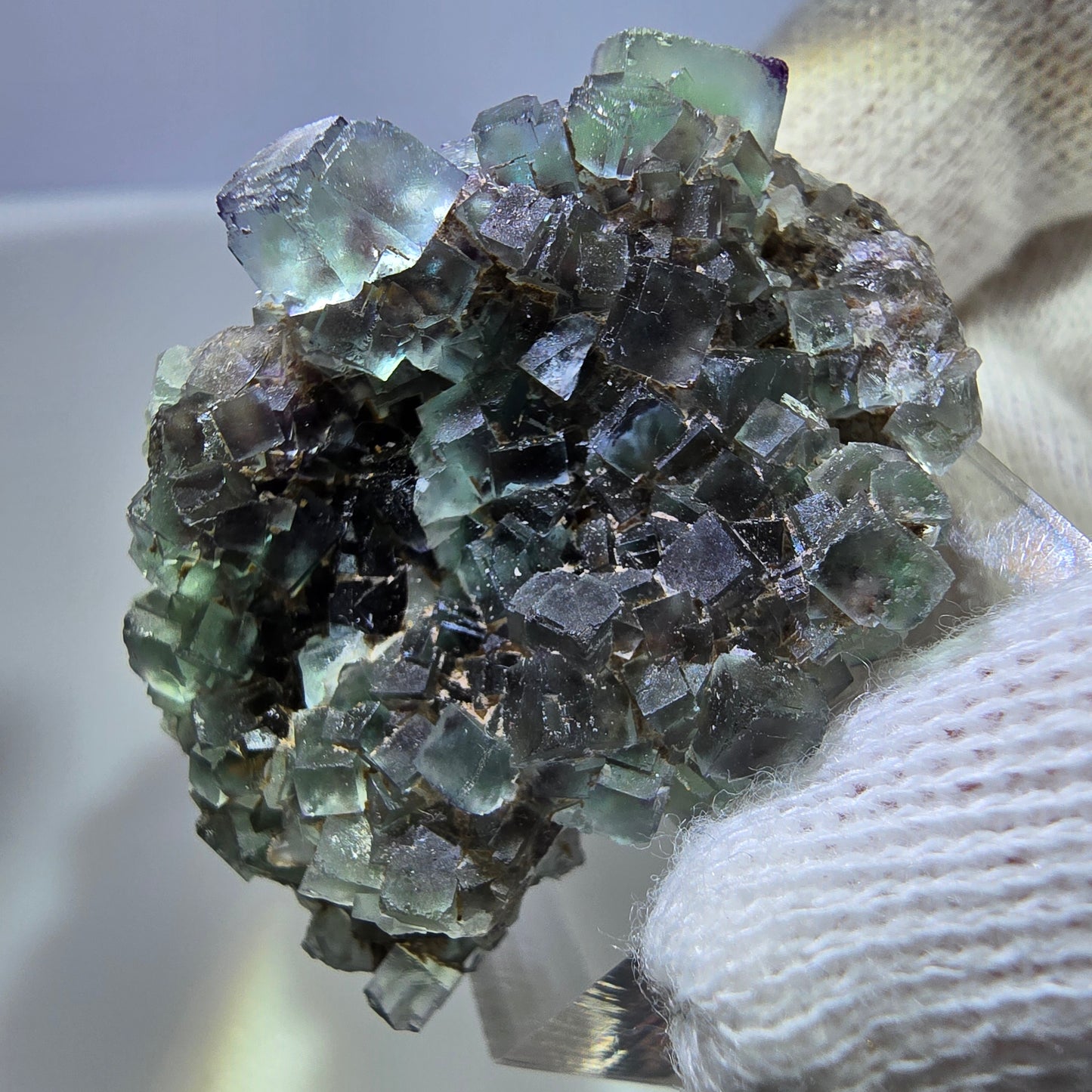 Seltene Phantom Fluorit Würfel Stufe zonal grün lila Okorusu, Namibia 35*35*23mm
