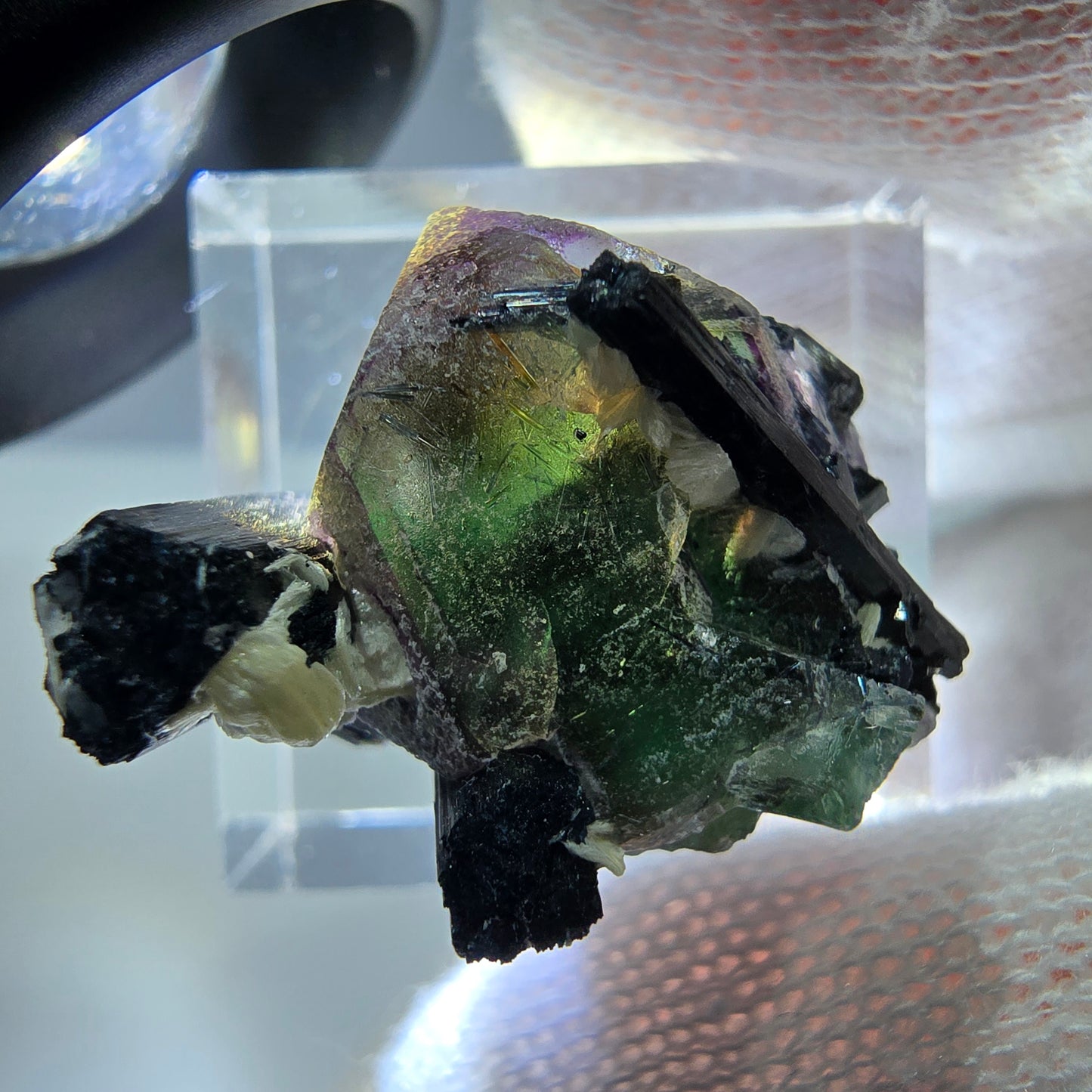 Spécimen de cube de fluorite fantôme zonal, de muscovite et de tourmaline Schorl, Erongo, Namibie, 25 x 20 x 18 mm