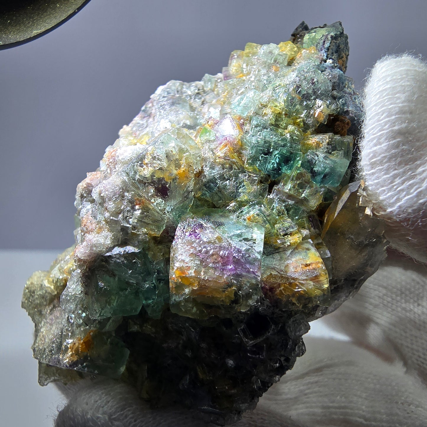 Phantom Fluorit Würfel zonal, Rauchquarz Stufe Erongo, Namibia 67*49*29mm