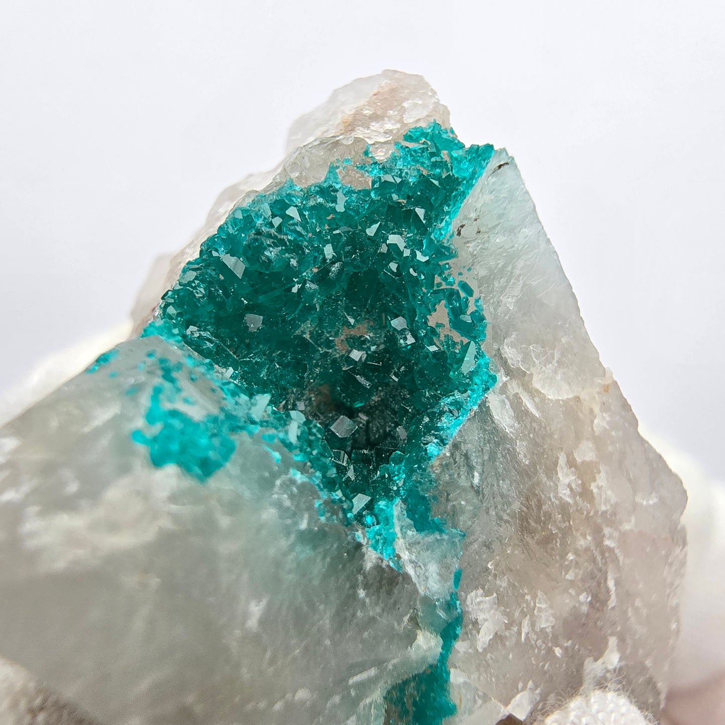 Rare spécimen de dioptase sur quartz Kaokoveld, Namibie 32*23*22mm Collection de minéraux