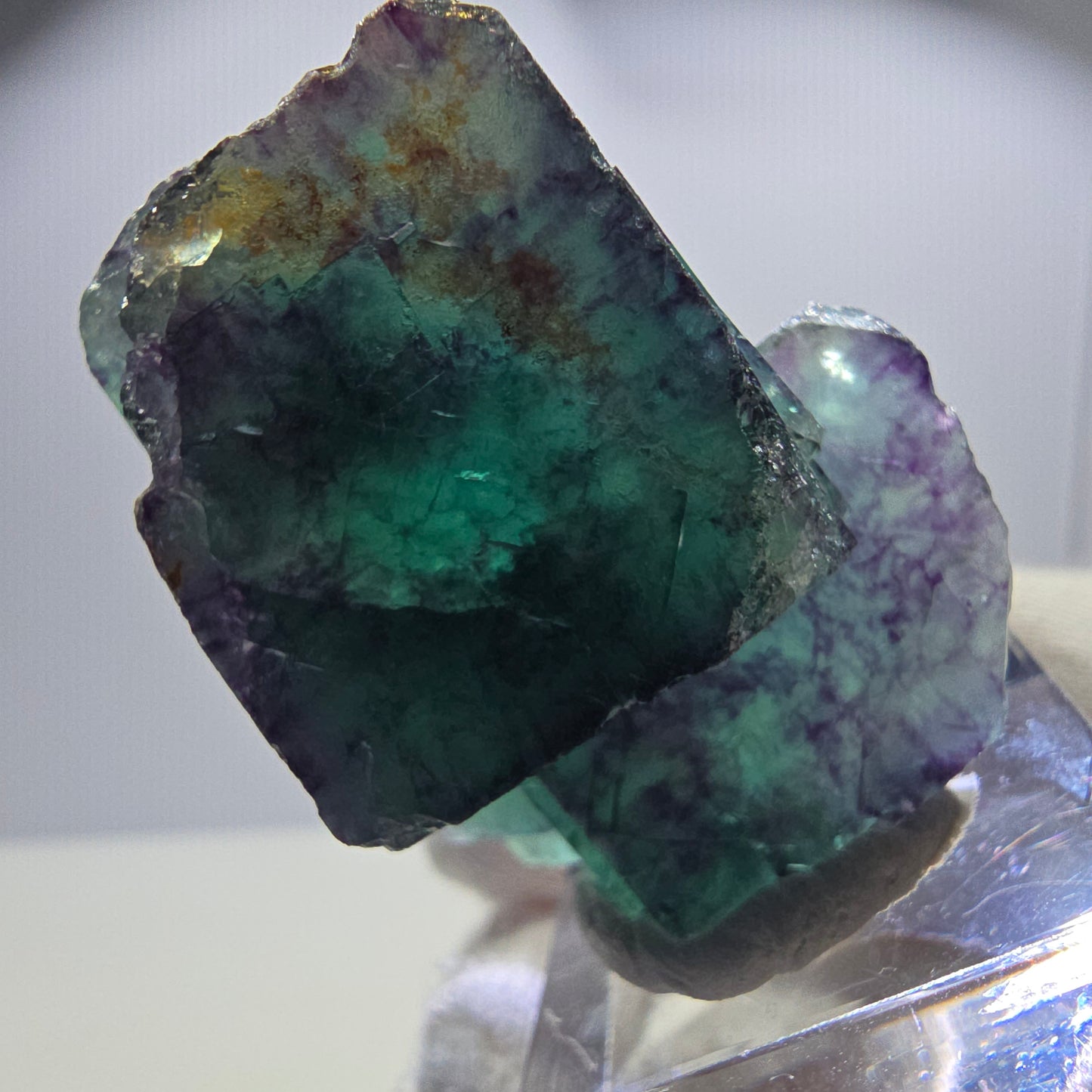 Spécimen rare de cube de fluorite fantôme, vert zonal et violet, Okorusu, Namibie, 45 x 43 x 25 mm