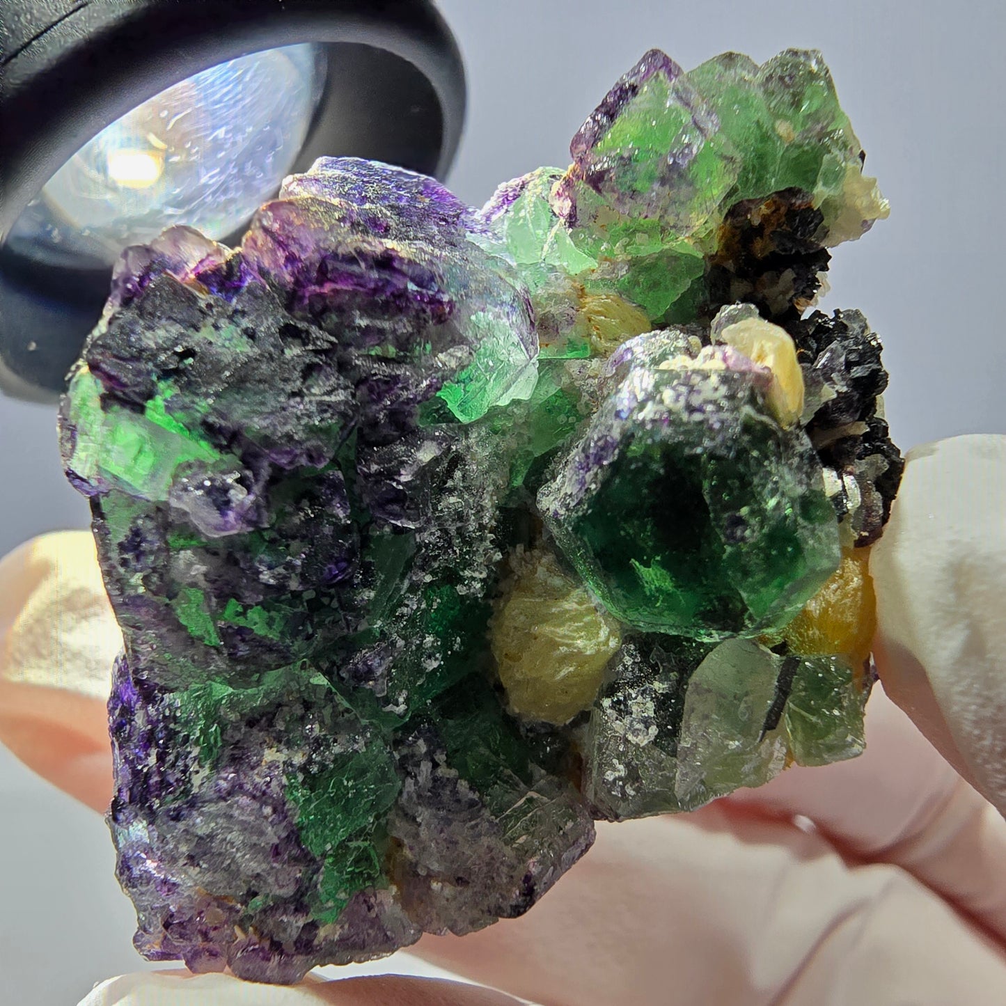 Cube de fluorite fantôme, zonal, muscovite, spécimen de tourmaline Schorl, Erongo, Namibie, 43 x 30 x 28 mm
