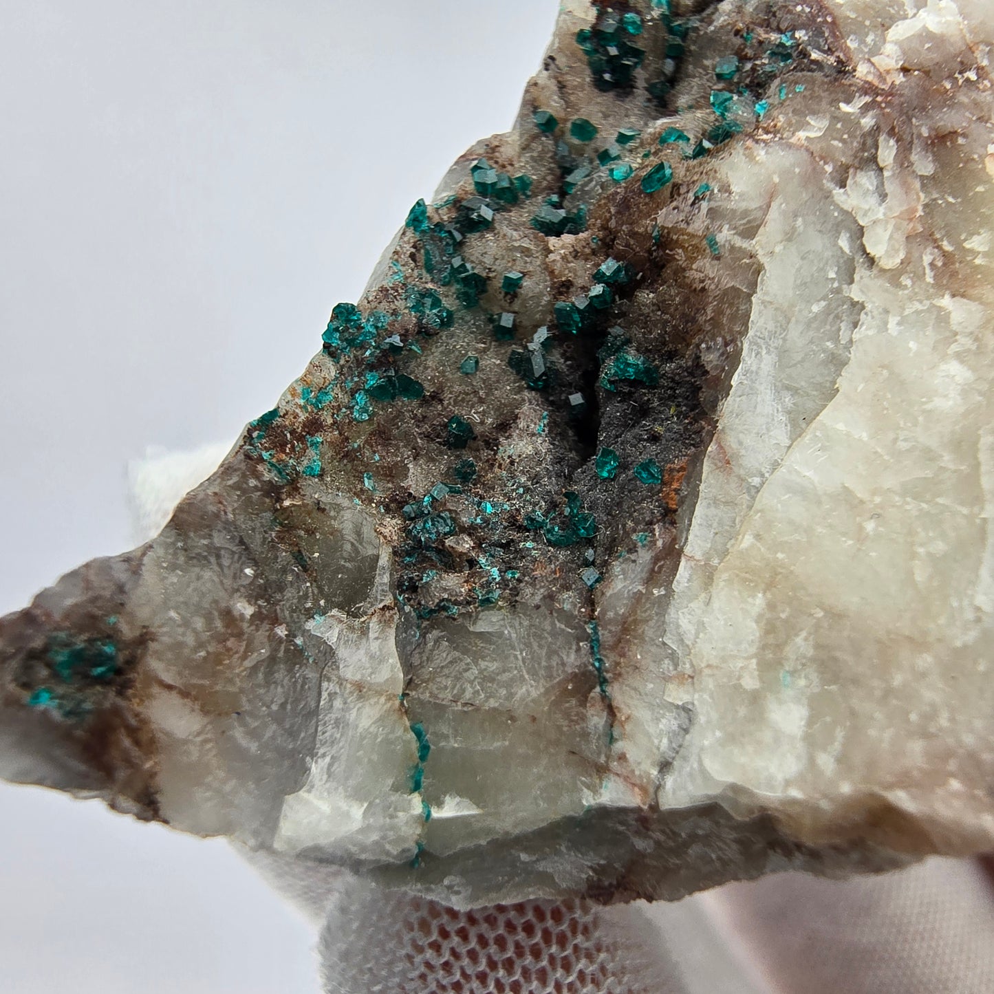Rare spécimen de dioptase sur quartz Kaokoveld, Namibie 49*26*19mm Collection de minéraux