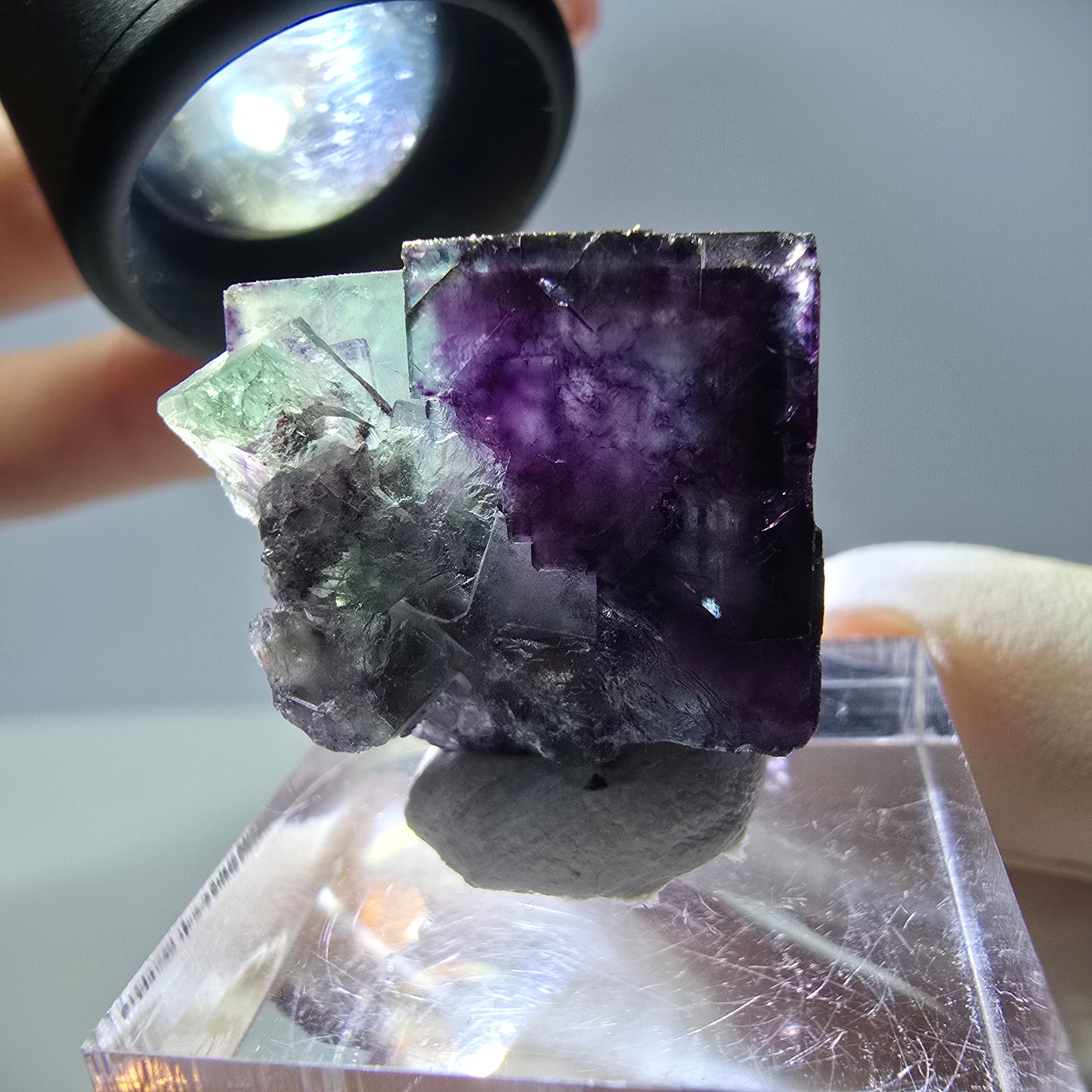 Rare cube de fluorite fantôme parqueté vert violet Okorusu Namibie 23*21*14mm