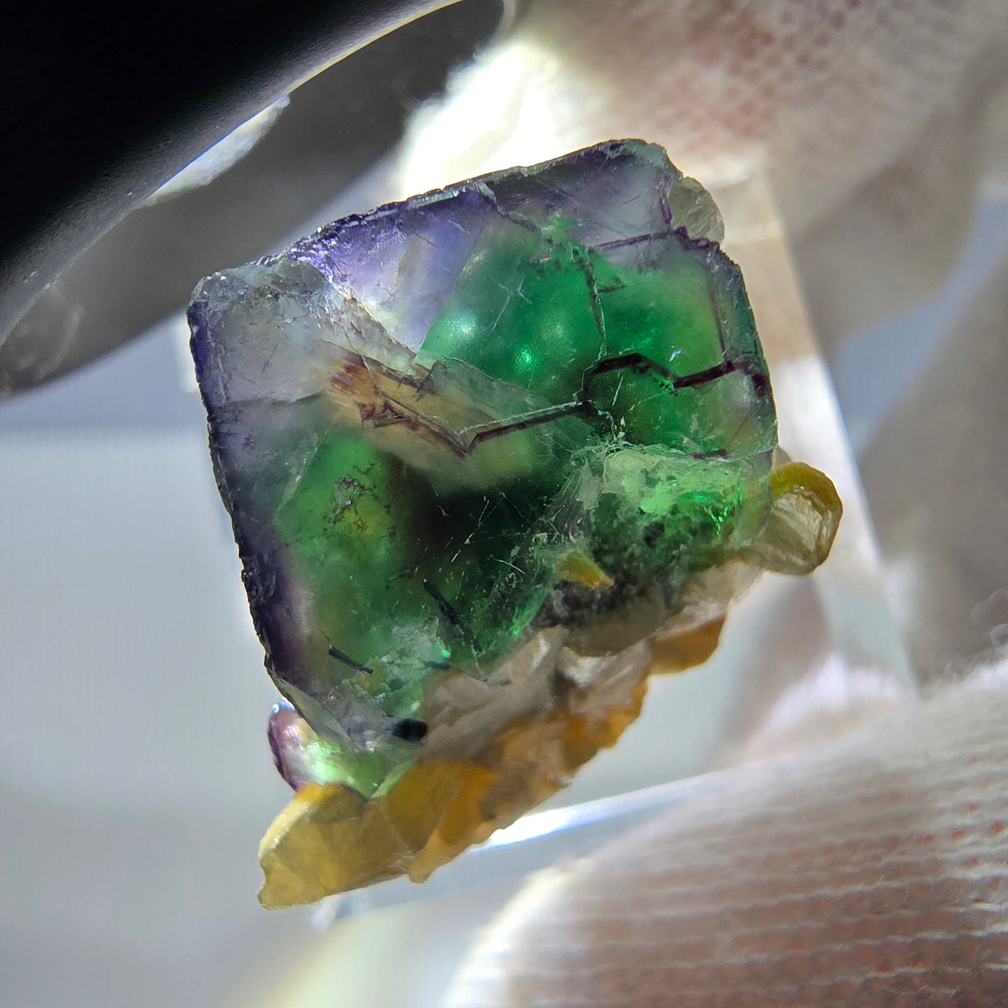 Cube de fluorite fantôme zonal, tourmaline muscovite Schörl Erongo Namibie 24 x 20 x 18 mm