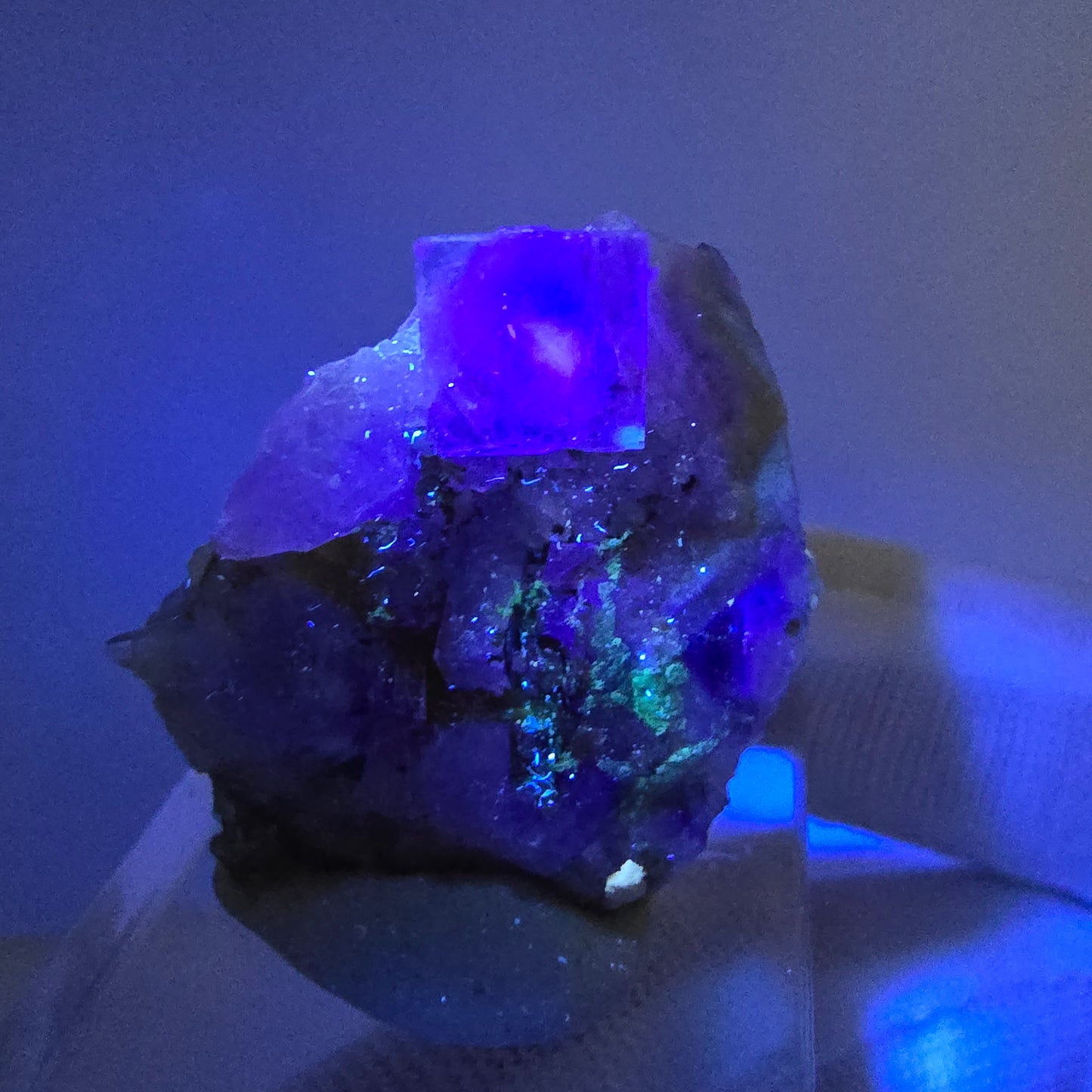 Seltene UV Phantom Fluorit Würfel, Quarz Stufe Brandberg, Namibia 31*22*13mm