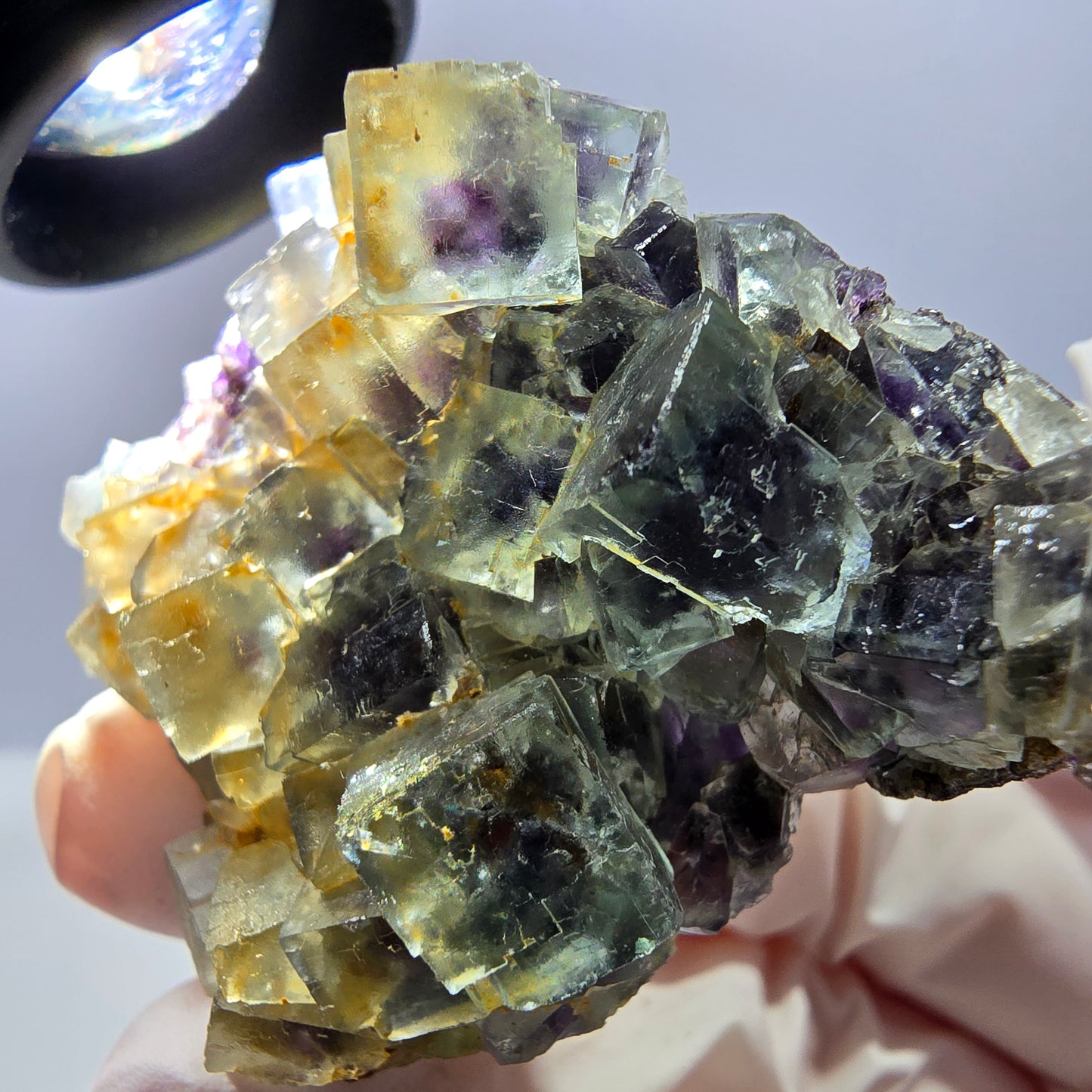 Spécimen de cube de fluorite fantôme transparente, vert-violet, Okorusu, Namibie, 54 x 41 x 22 mm