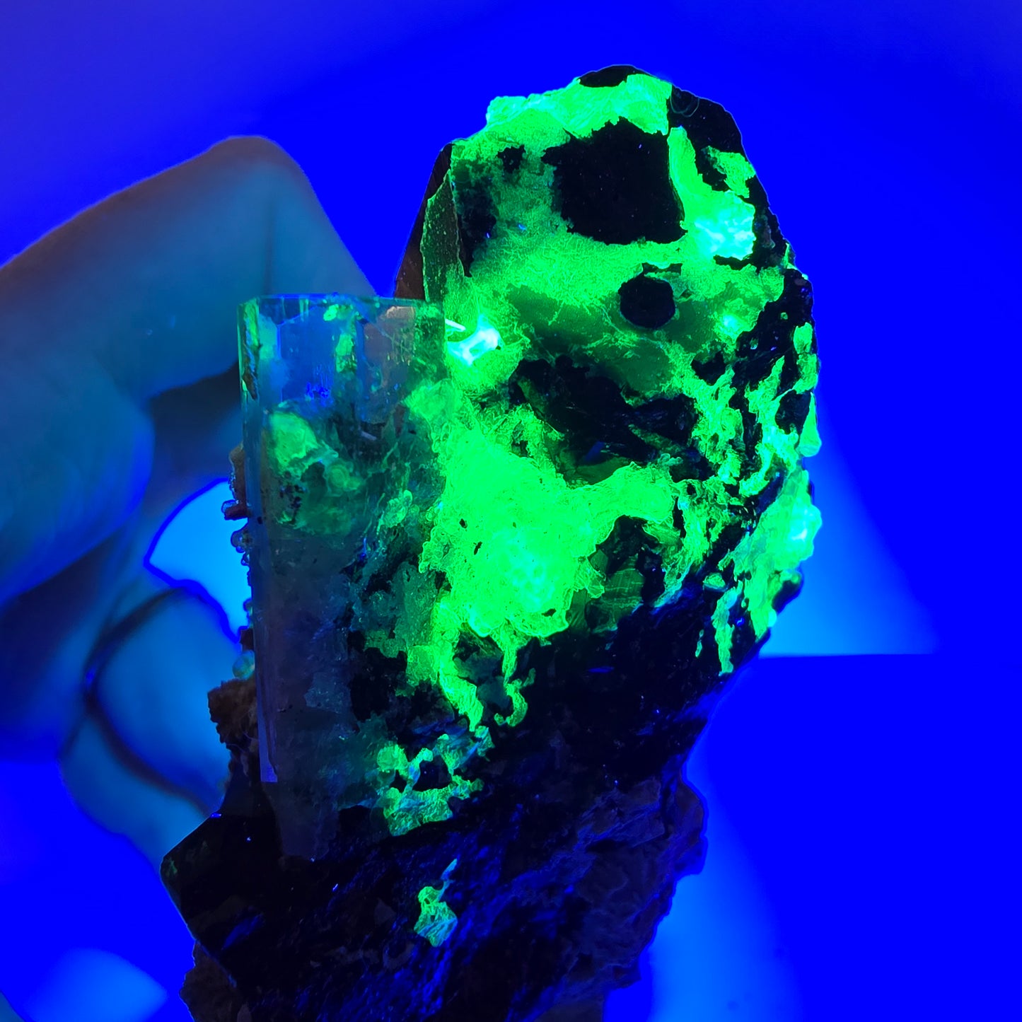 Grand spécimen d'aigue-marine, de tourmaline schorl, d'hyalite et d'orthose, Erongo, Namibie, 107 x 70 x 45 mm
