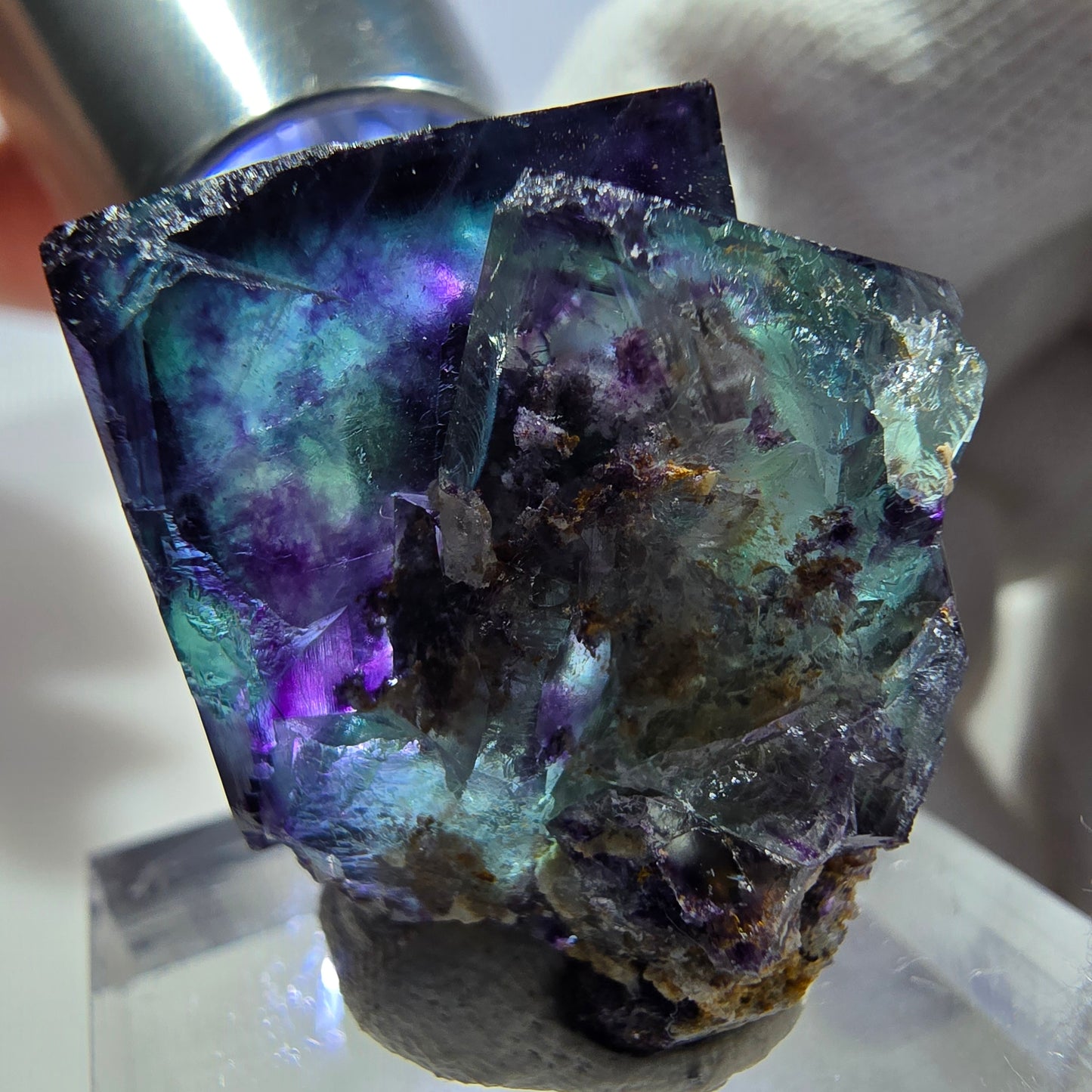 Seltene Phantom Fluorit Würfel Stufe zonal grün lila Okorusu, Namibia 25*22*21mm