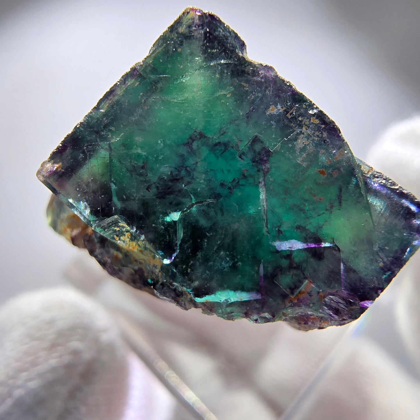 Spécimen rare de cube de fluorite fantôme, vert zonal et violet, Okorusu, Namibie, 29 x 27 x 17 mm