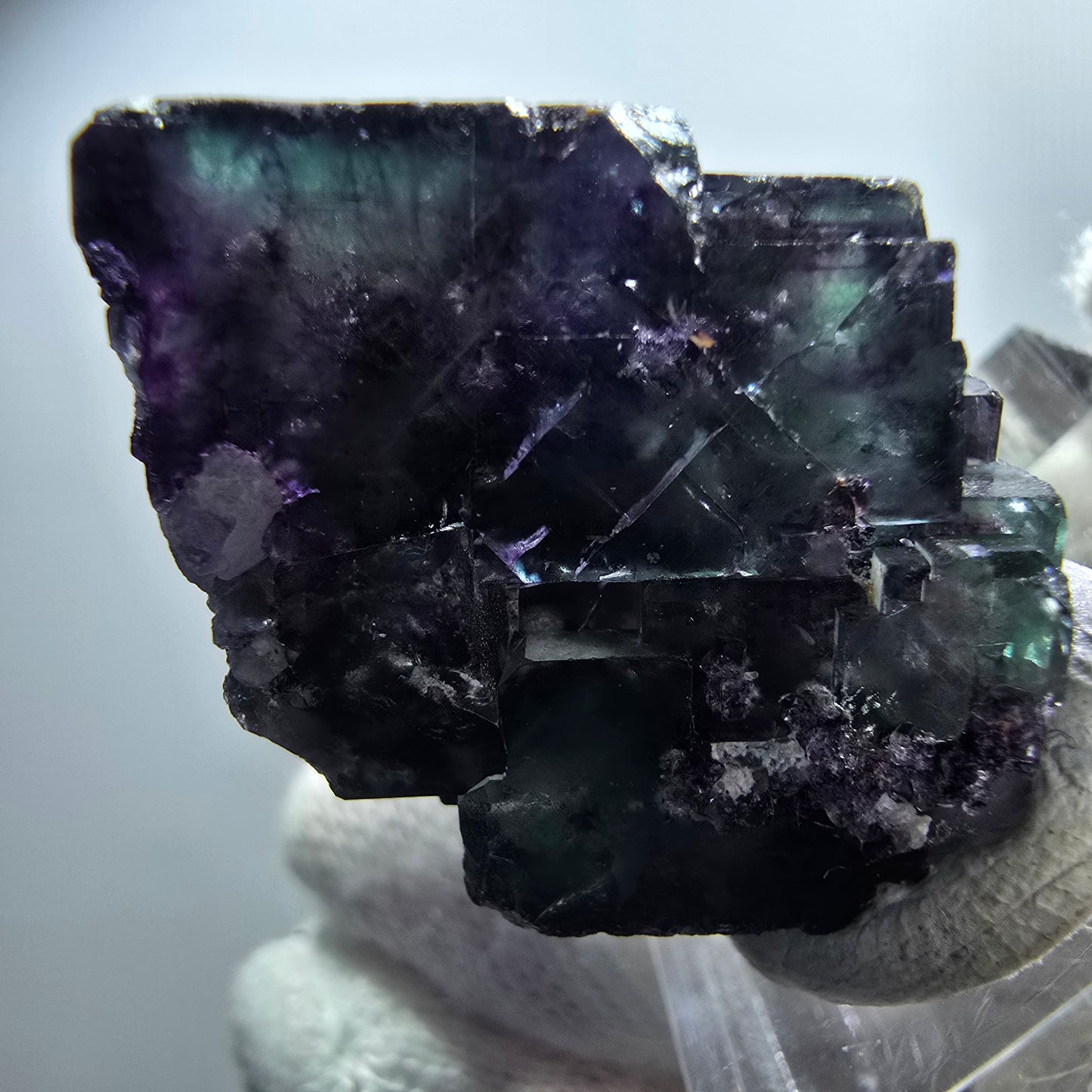 Spécimen rare de cube de fluorite fantôme, vert zonal et violet, Okorusu, Namibie, 31 x 24 x 21 mm