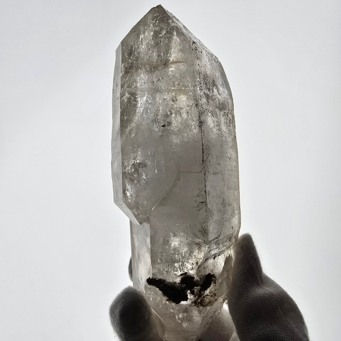 Sceptre DT en quartz fumé squelette Enhydro, poche Valentine en calcite UV, Namibie 153 x 62 x 39 mm