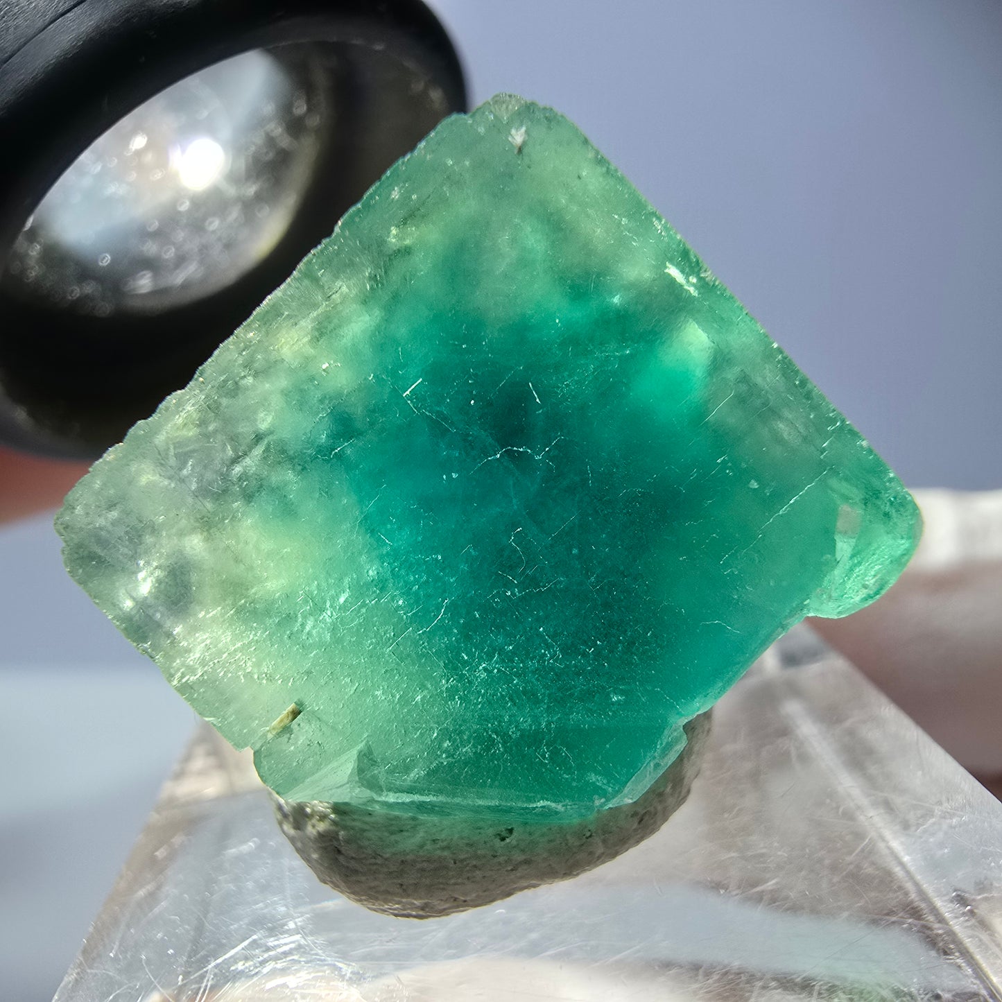 Cube de fluorite fantôme transparente parquetée, vert Okorusu, Namibie 18 x 18 x 17 mm