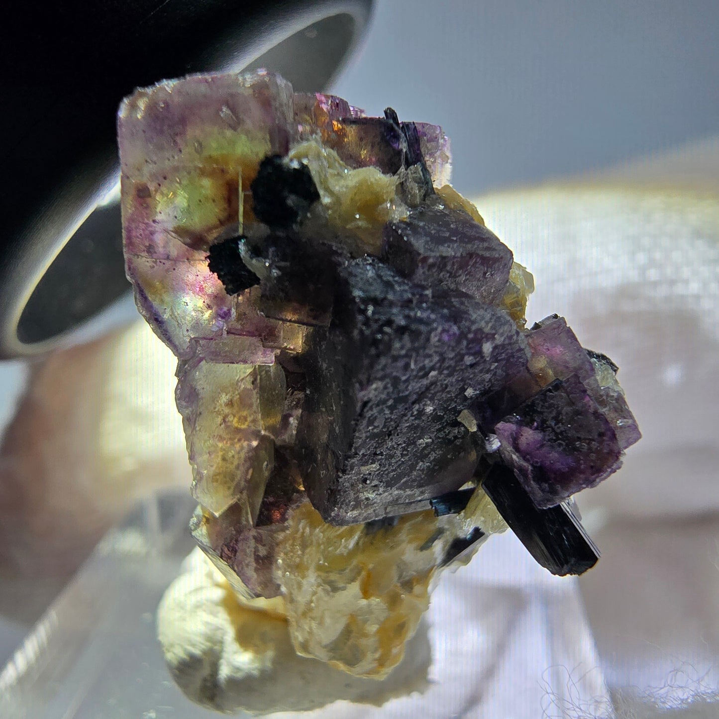 Spécimen de fluorite fantôme colorée, tourmaline scholle, muscovite, Erongo, Namibie, 25 x 22 x 14 mm