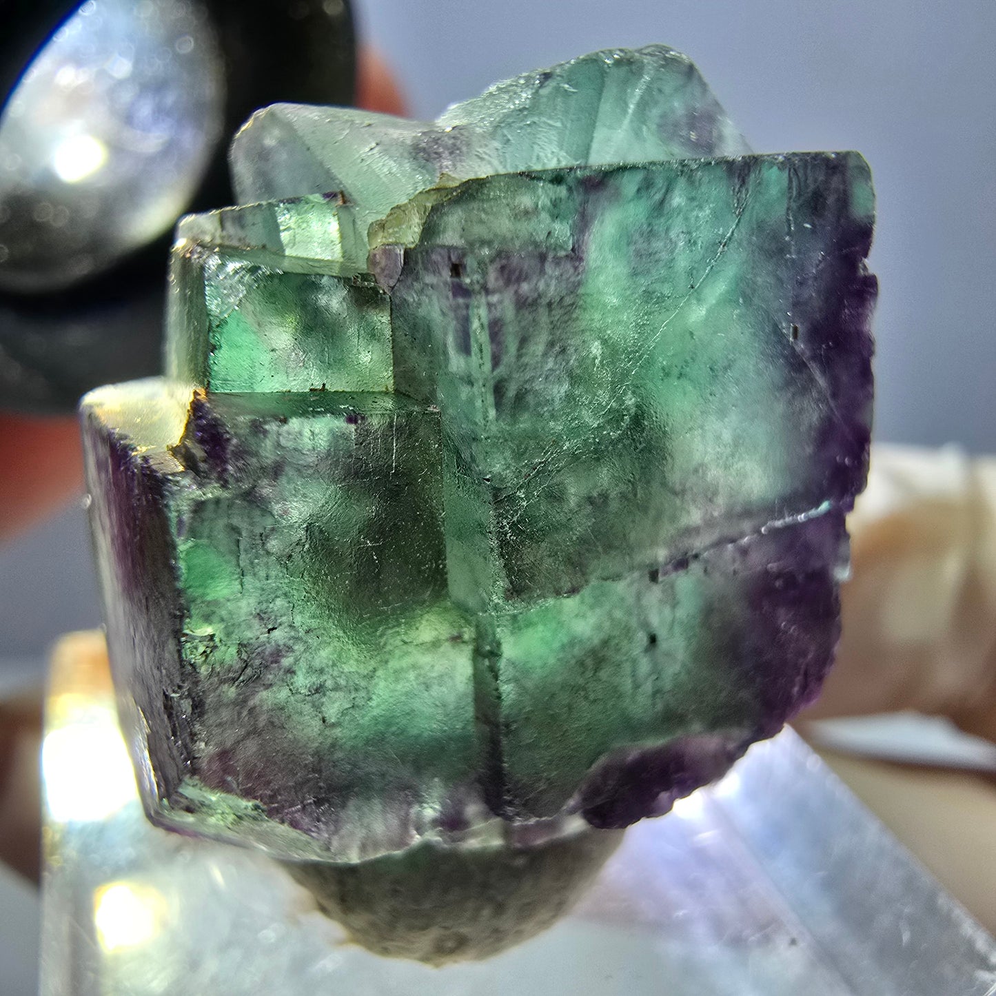 Spécimen de cube de fluorite fantôme, vert violet, Okorusu, Namibie, 26 x 21 x 15 mm