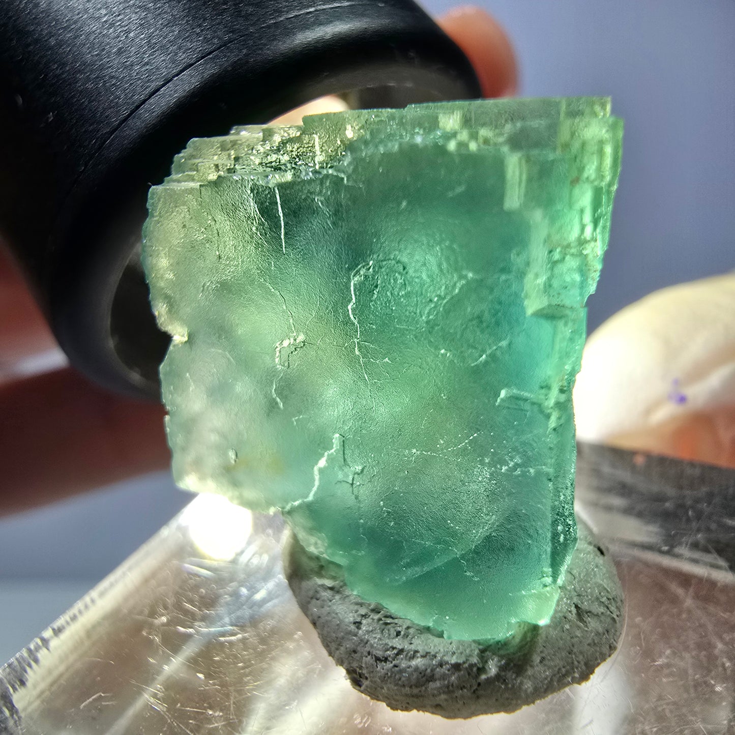 Cube de fluorite fantôme transparente parquetée, vert Okorusu, Namibie 19 x 18 x 15 mm