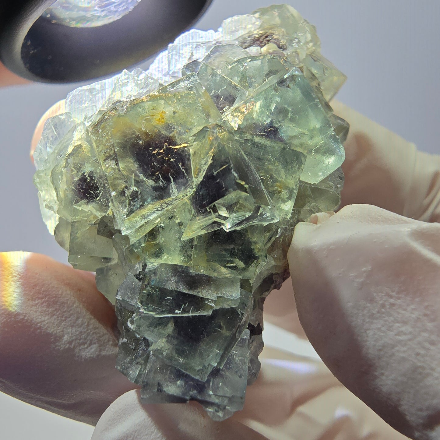 Spécimen de cube de fluorite fantôme transparente, vert-violet, Okorusu, Namibie, 45 x 35 x 19 mm