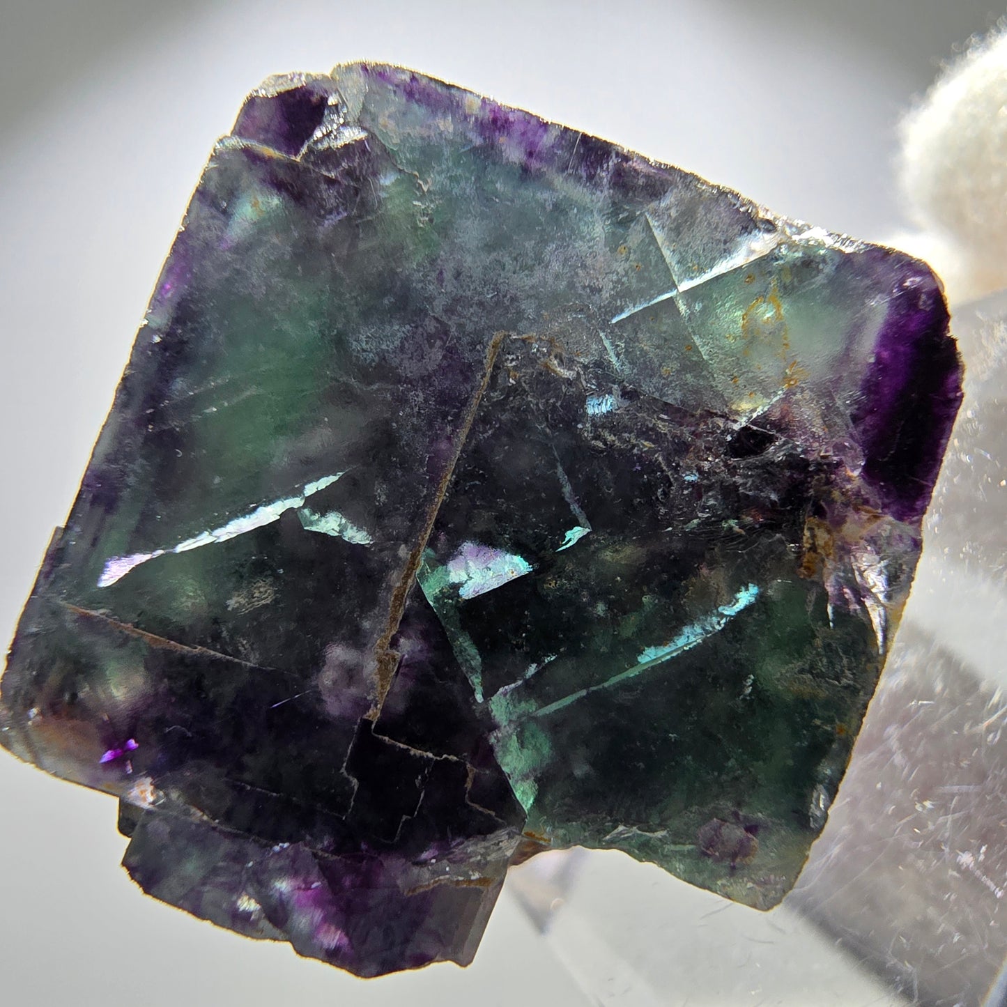 Spécimen rare de cube de fluorite fantôme, vert zonal et violet, Okorusu, Namibie, 28 x 25 x 18 mm