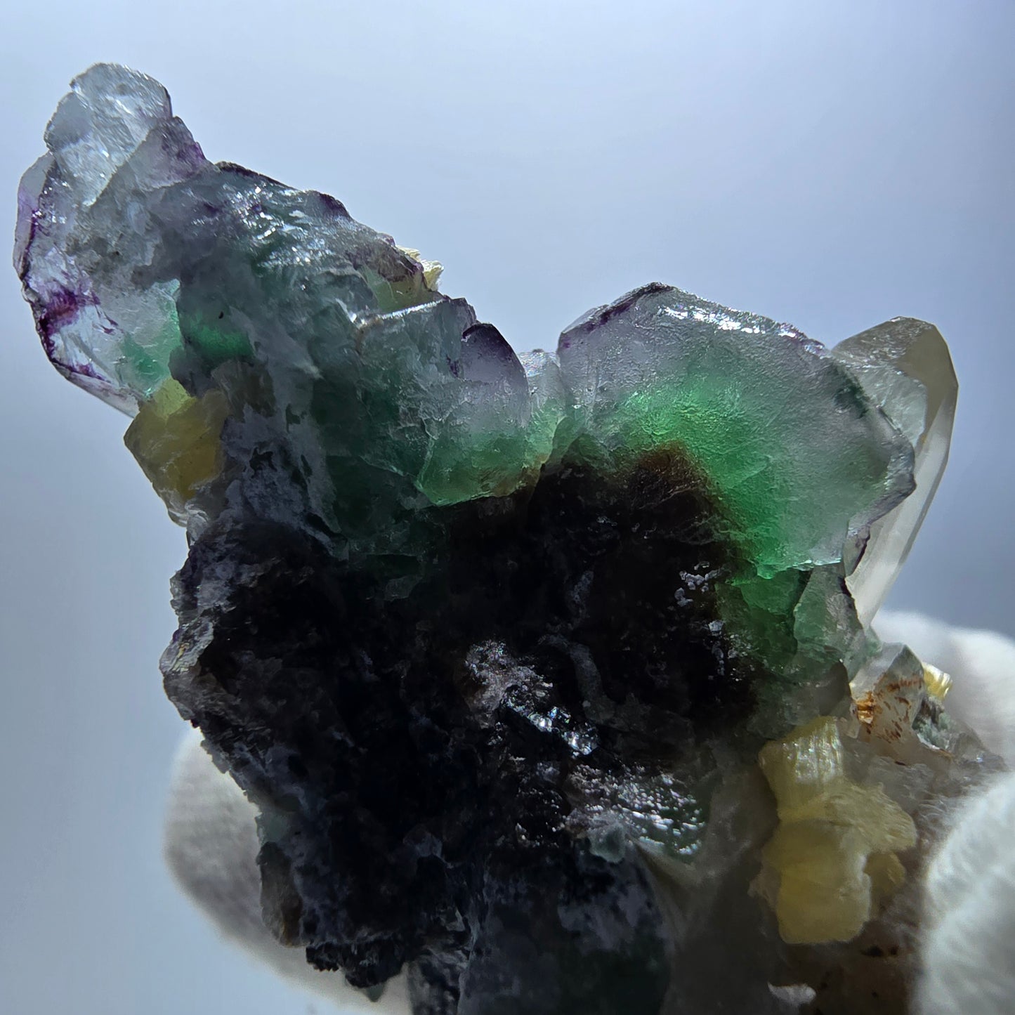 Phantom Fluorit Würfel, Rauchquarz, Schörl Turmalin, Hyalit Erongo, Namibia 62*42*35mm