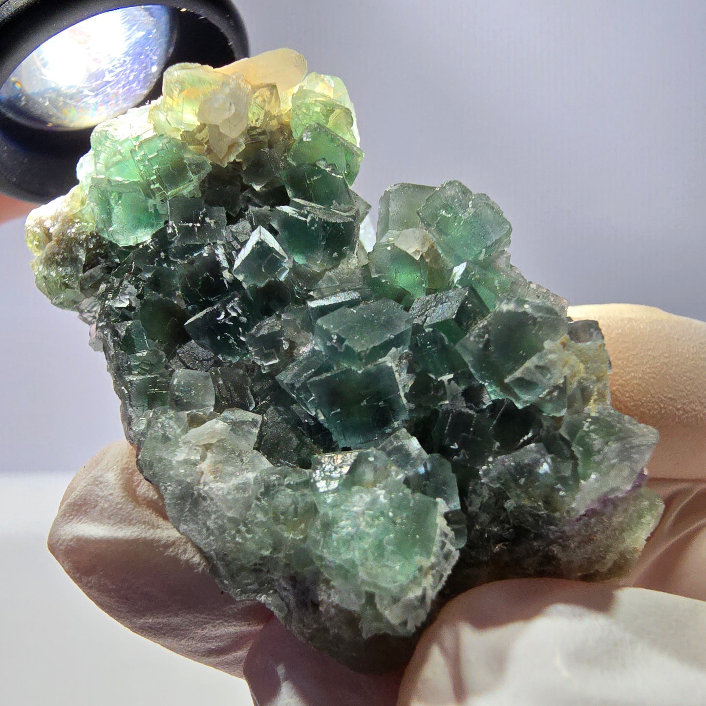 Rare cube de fluorite fantôme, spécimen de quartz vert Okorusu, Namibie, 55 x 33 x 24 mm