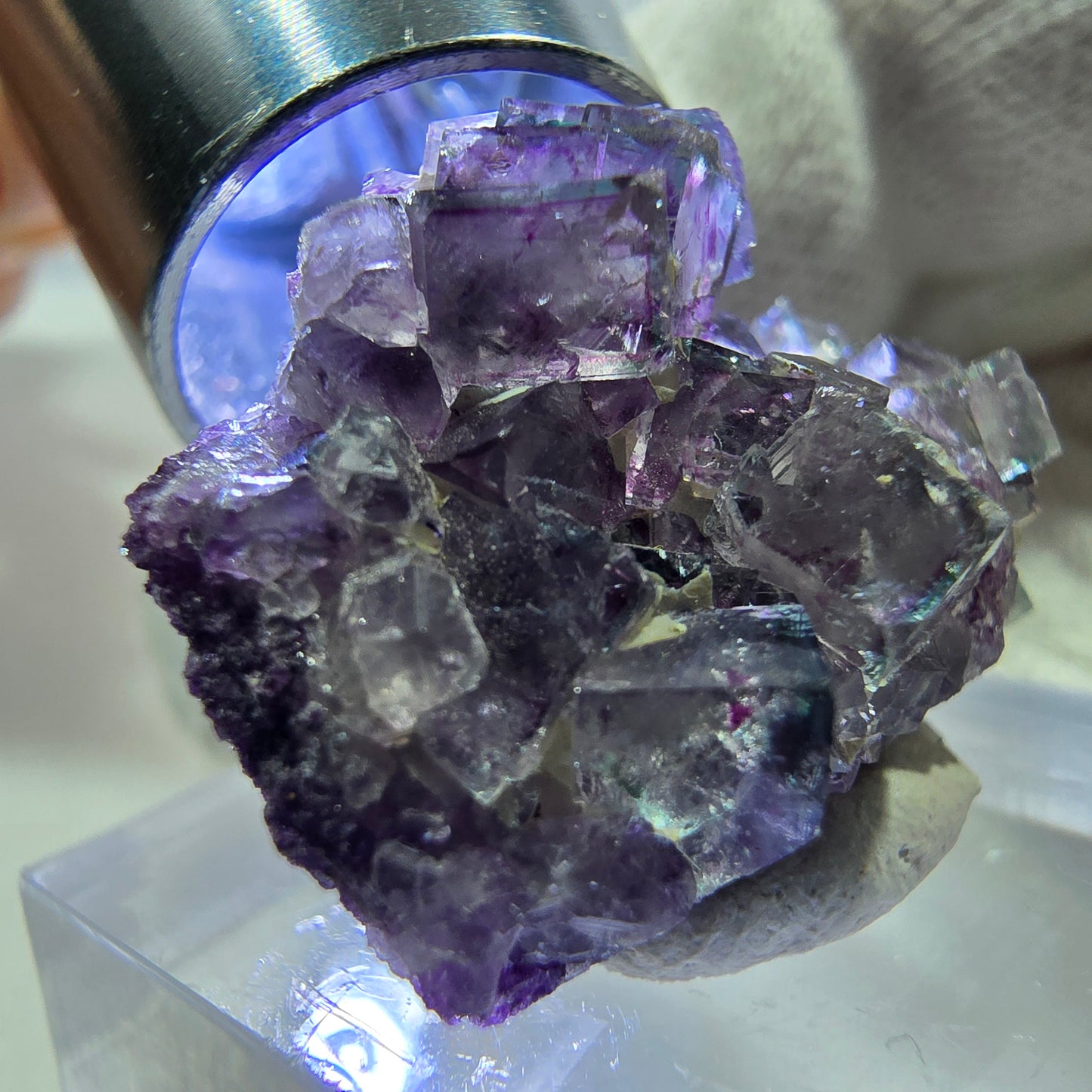 Spécimen de cube de fluorite fantôme transparente, vert-violet zonal, Okorusu, Namibie, 27 x 20 x 12 mm