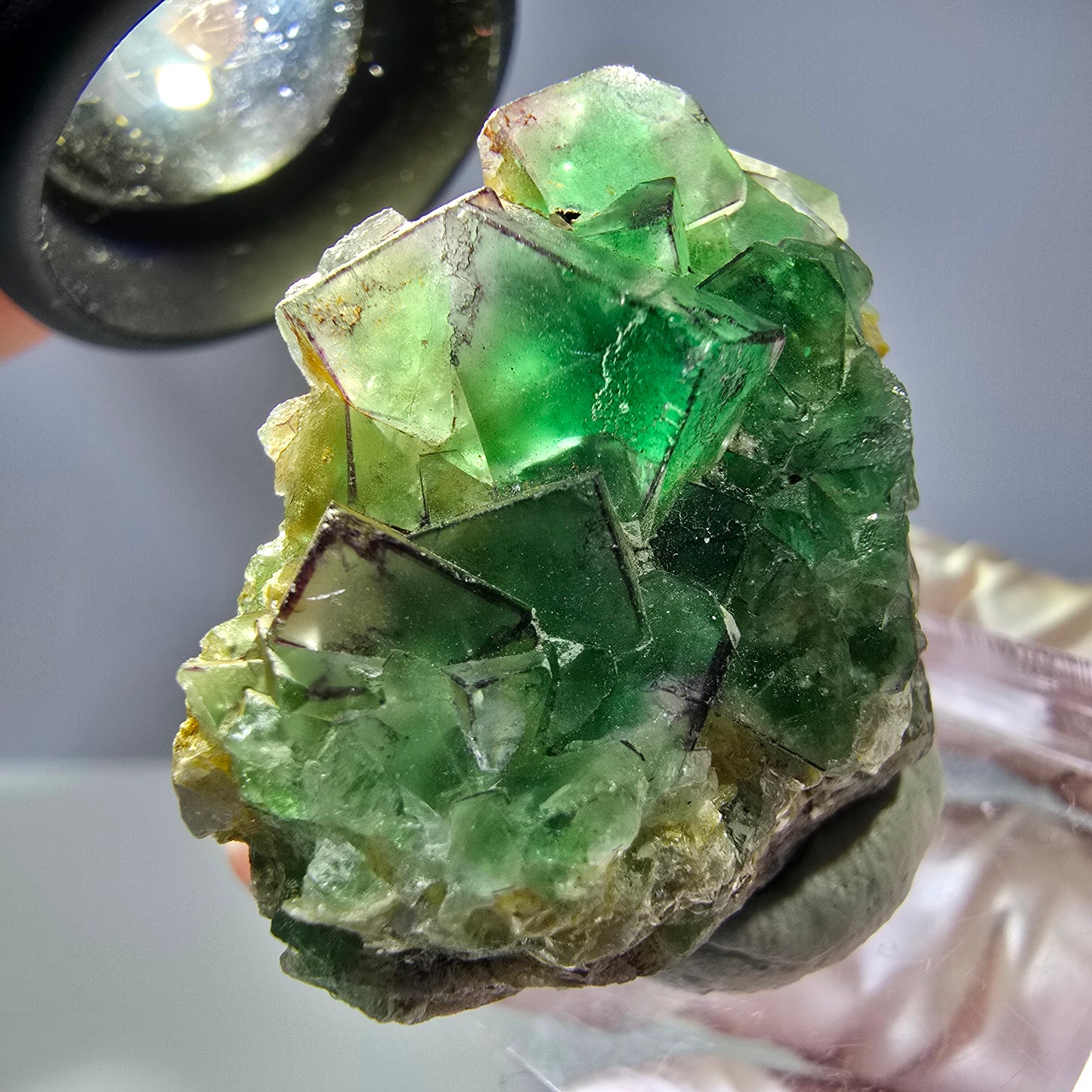 Cube de fluorite fantôme, zonal, muscovite, spécimen de calcite UV, Erongo, Namibie, 31 x 31 x 19 mm