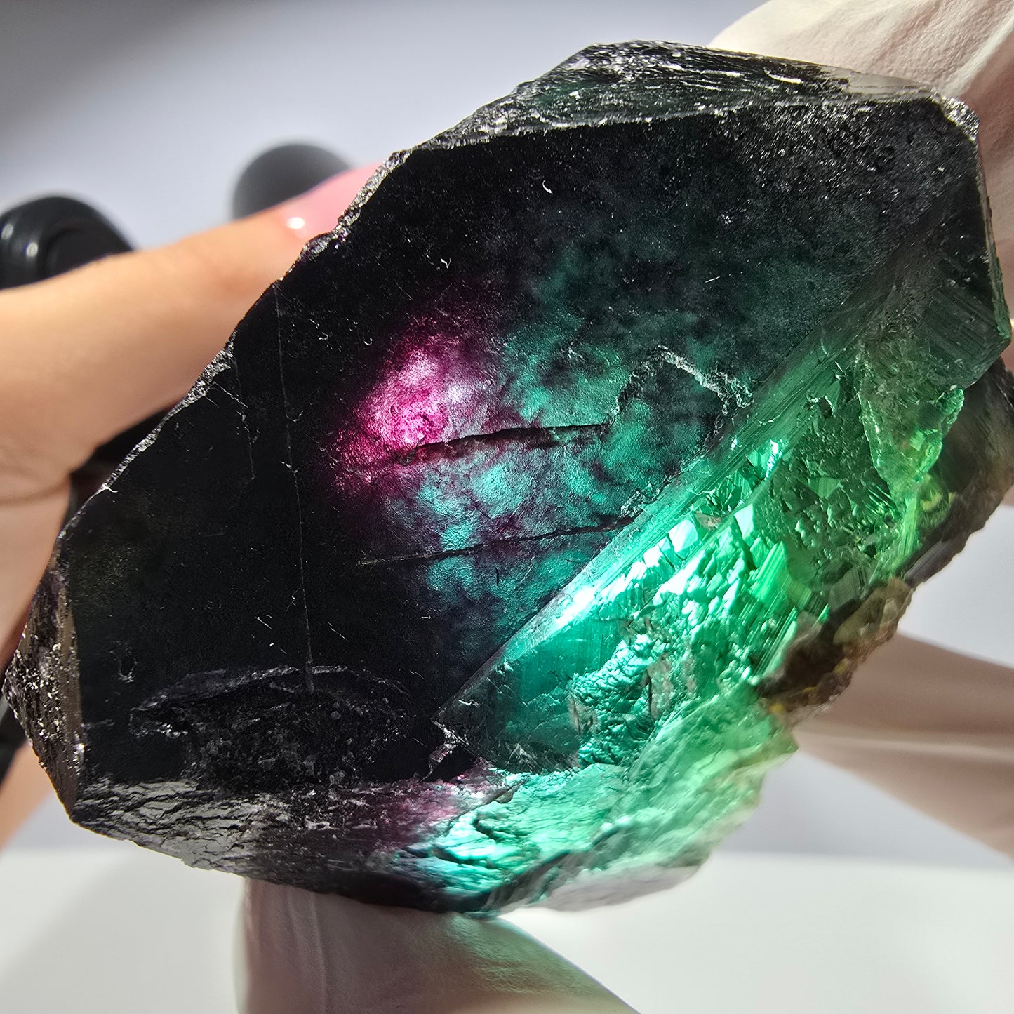 Cube de fluorite fantôme XL parqueté vert violet Okorusu, Namibie 54*54*47mm