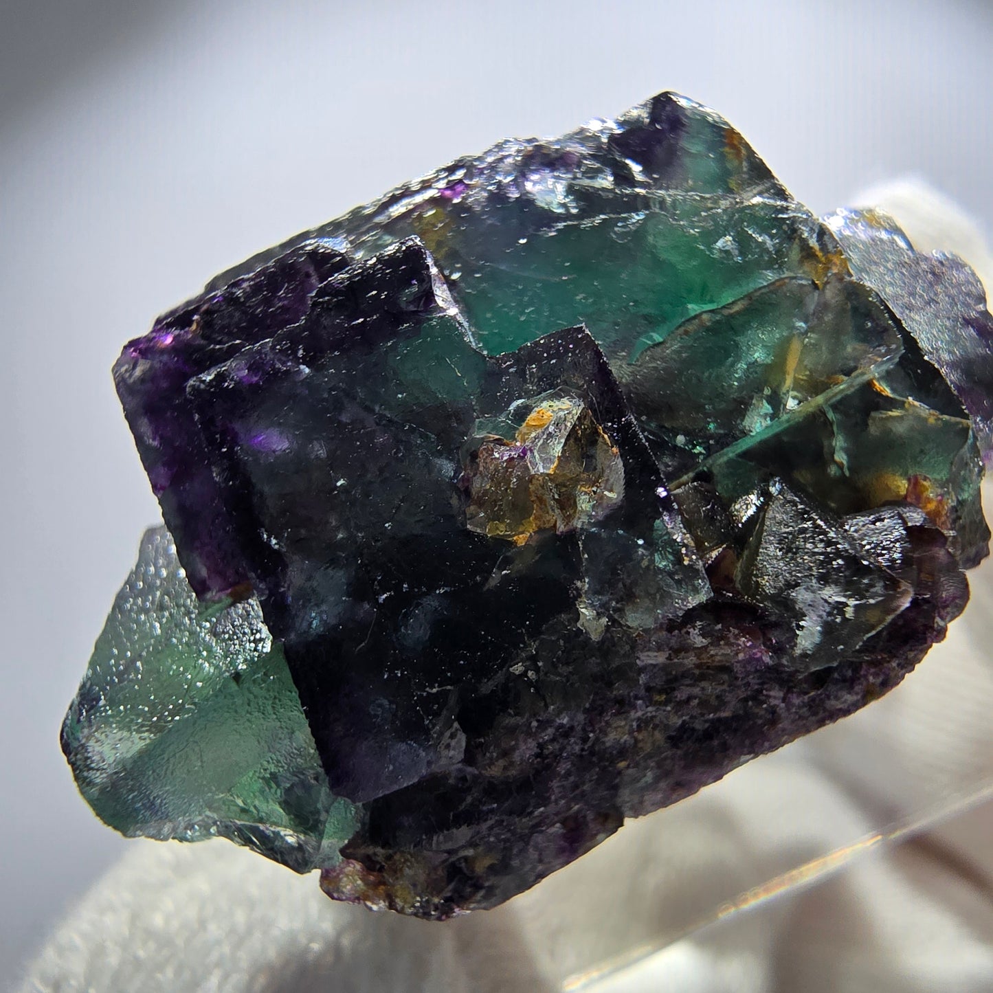 Spécimen rare de cube de fluorite fantôme, vert zonal et violet, Okorusu, Namibie, 35 x 26 x 20 mm
