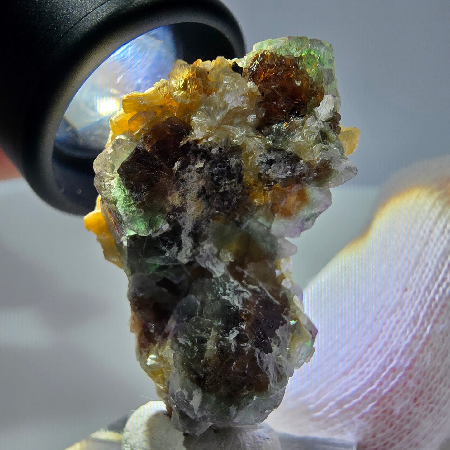 Cube de fluorite fantôme zonal, tourmaline muscovite Schörl hyalite Erongo, Namibie 39 x 24 x 12 mm