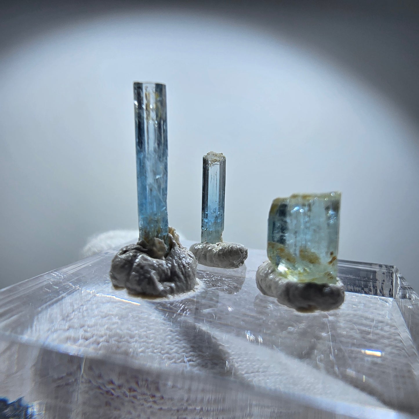 3x Aquamarin Kristalle, blau - 3er Set Erongo, Namibia 6-13mm