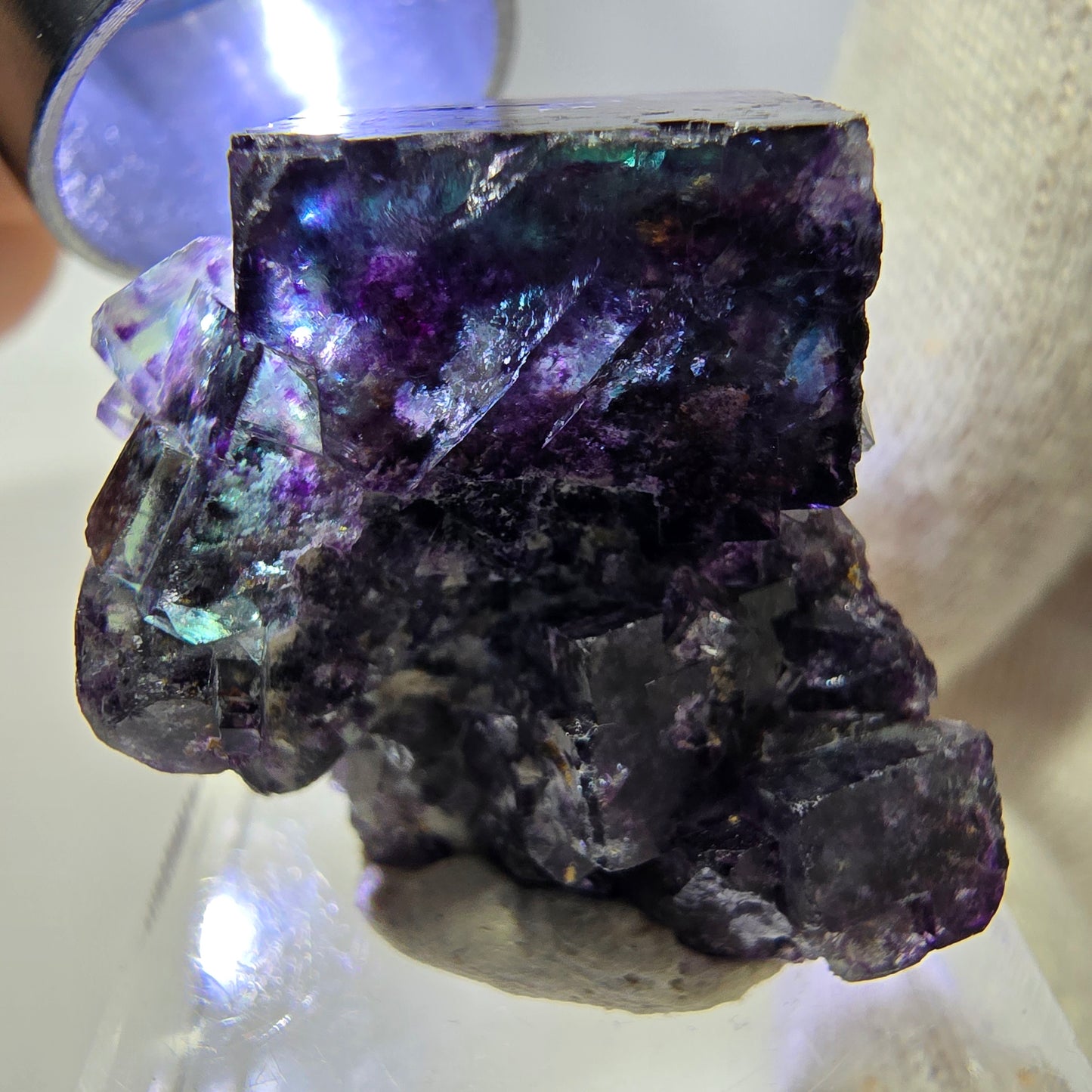 Spécimen rare de cube de fluorite fantôme, vert zonal et violet, Okorusu, Namibie, 32 x 29 x 18 mm