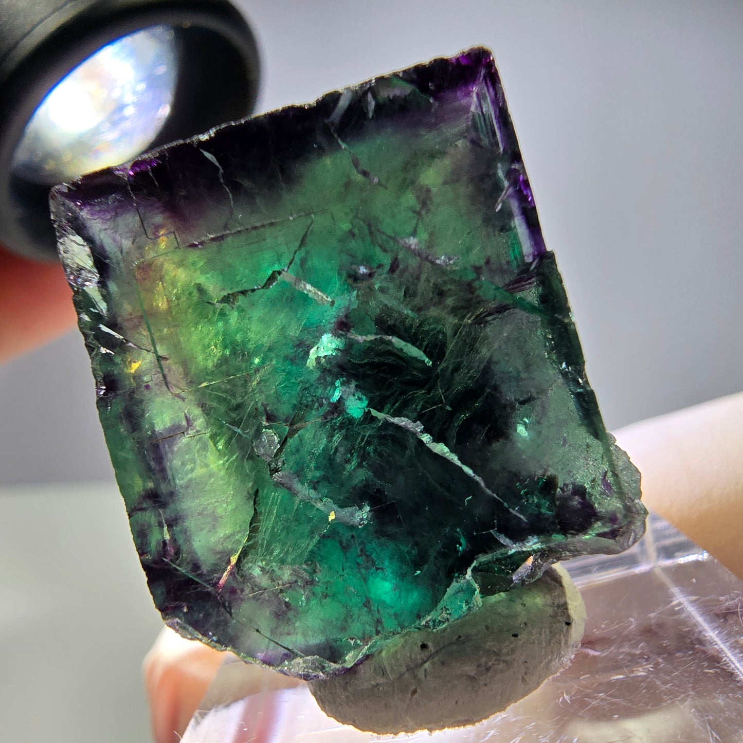 Rare cube de fluorite fantôme parqueté vert violet Okorusu Namibie 25*21*22mm