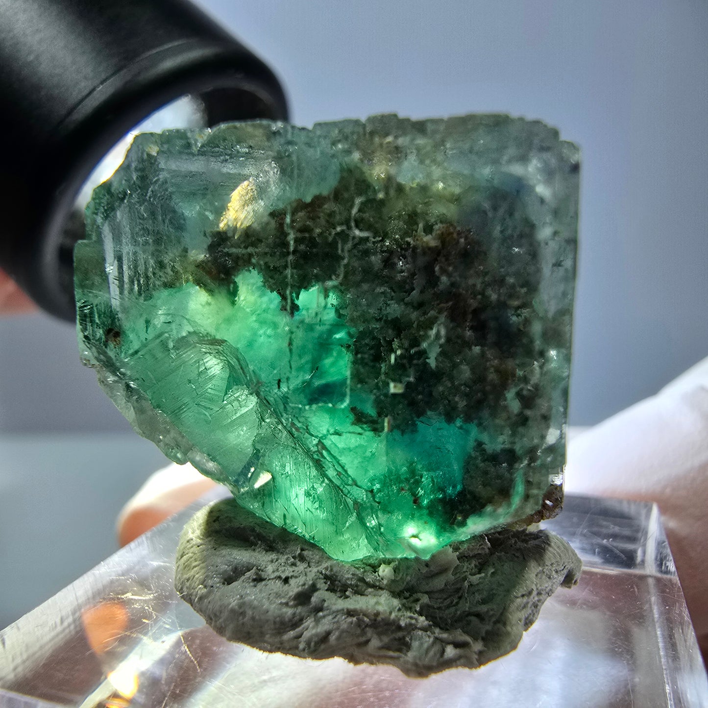 Cube de fluorite fantôme transparente parquetée, vert Okorusu, Namibie 21 x 21 x 19 mm