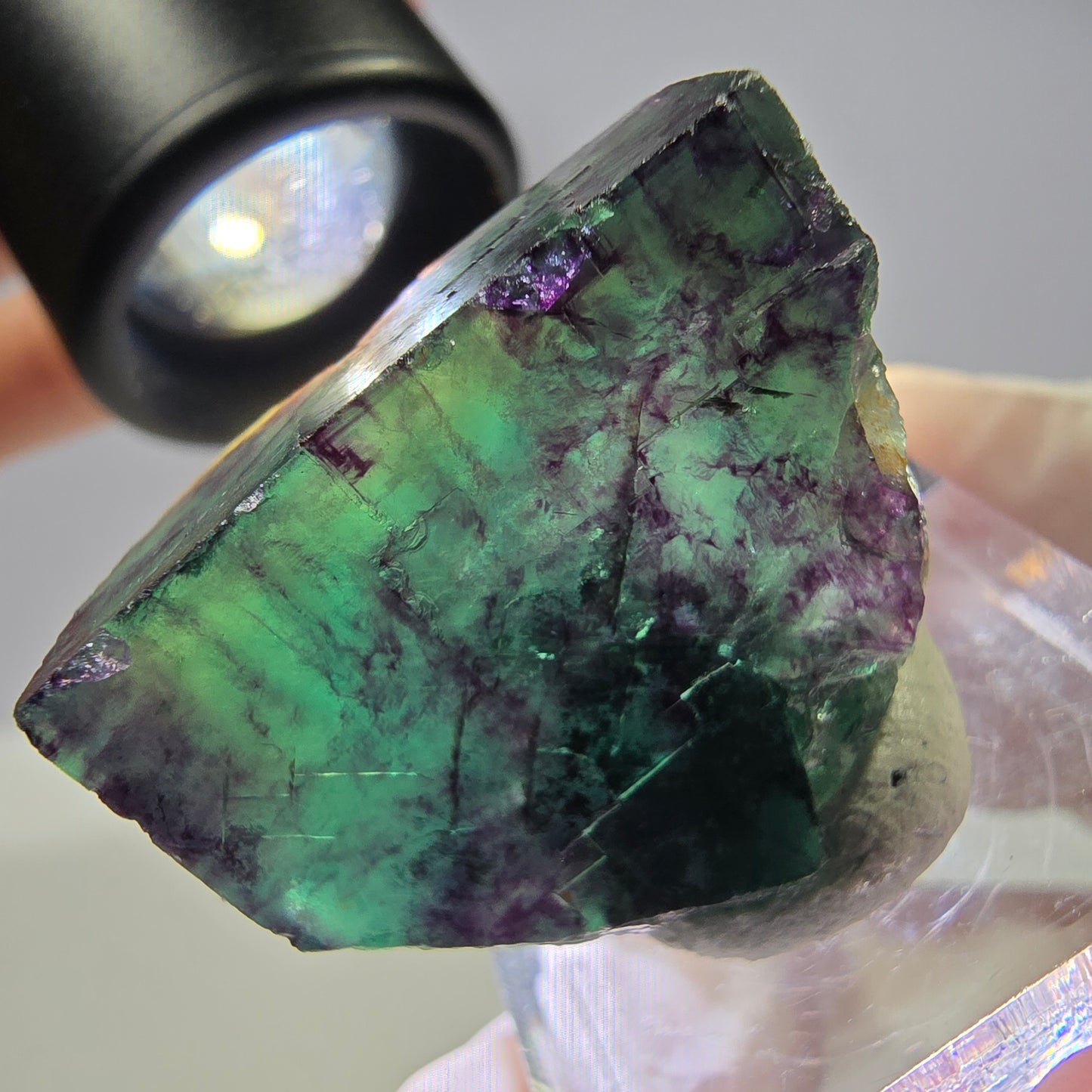 Rare cube de fluorite fantôme parqueté vert violet Okorusu Namibie 32*23*19mm