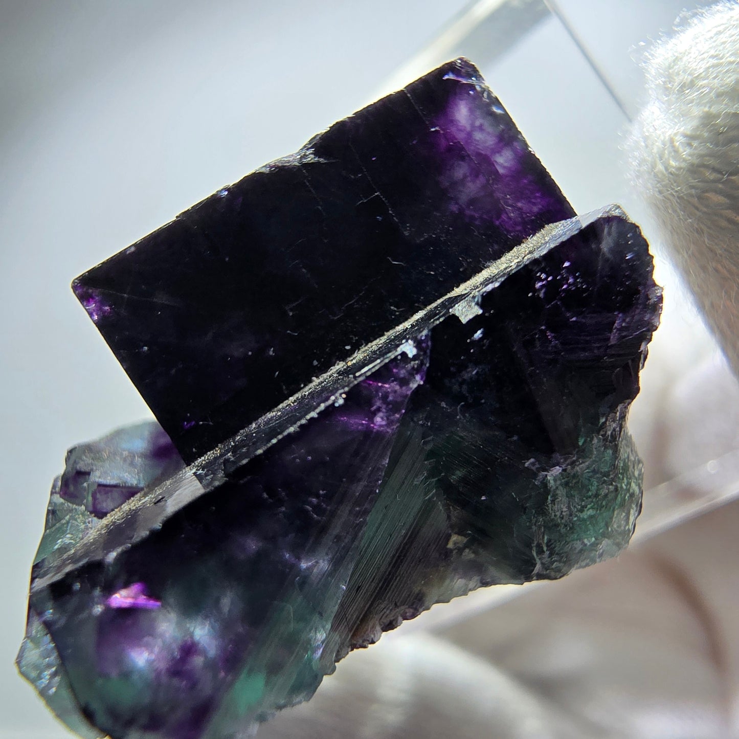 Spécimen rare de cube de fluorite fantôme, vert zonal et violet, Okorusu, Namibie, 27 x 26 x 18 mm
