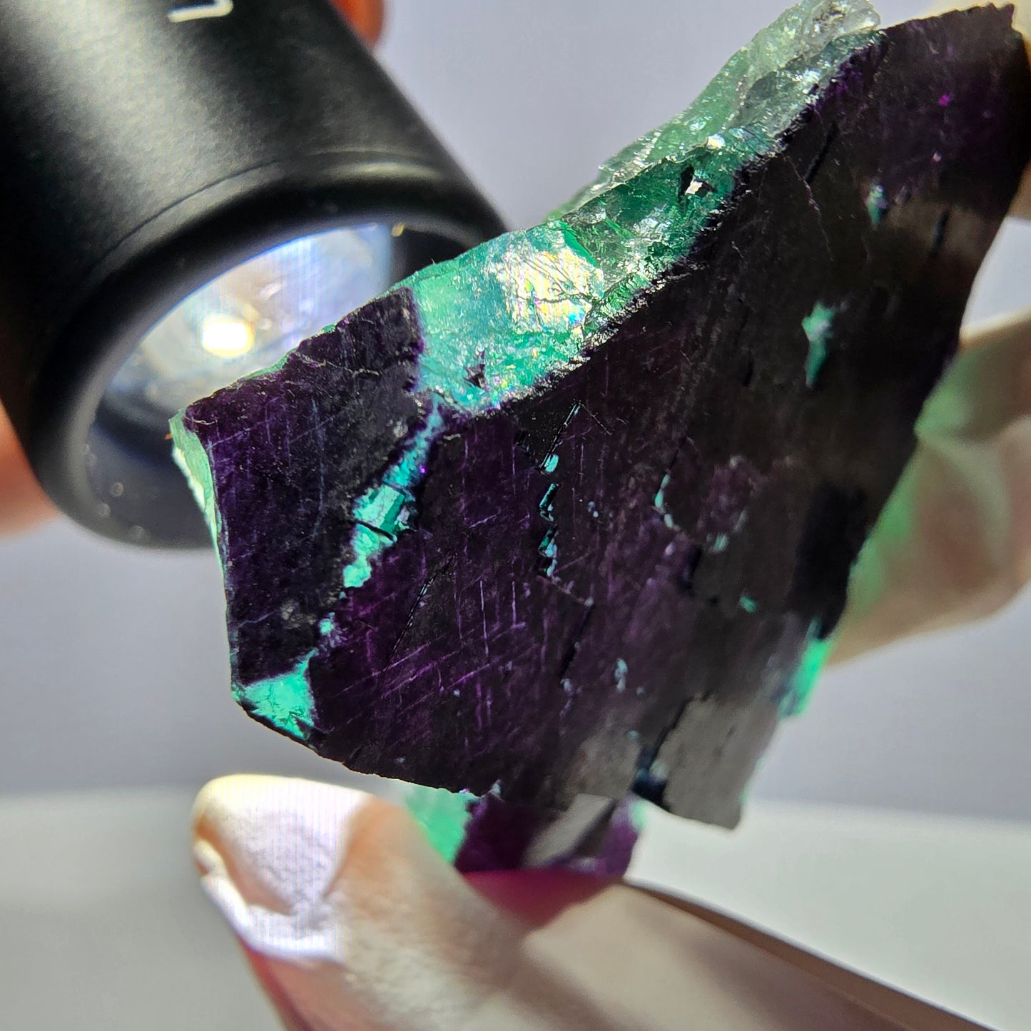 Spécimen de cube de fluorite fantôme vert violet zonal 11:11 Angel Pocket, Namibie 57*46*20mm