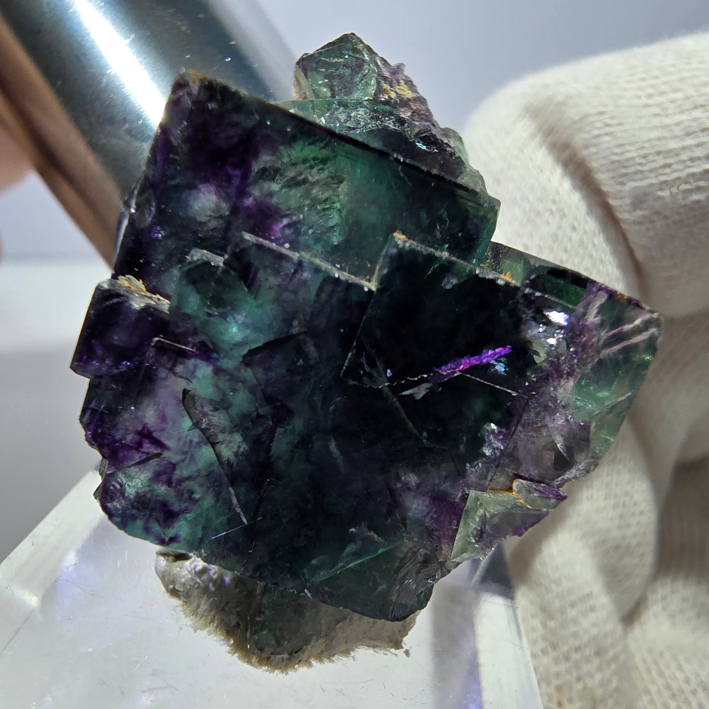 Spécimen zonal de cube de fluorite fantôme, vert violet, Okorusu, Namibie, 34 x 24 x 20 mm