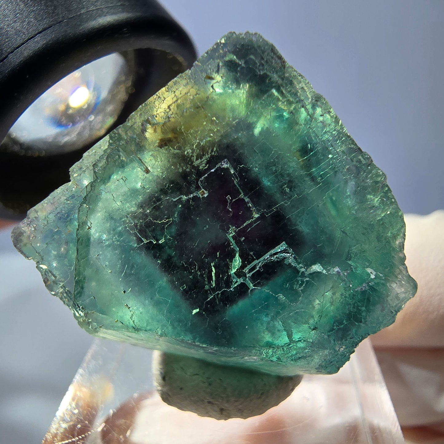 Cristal de fluorite fantôme transparent, cube vert-violet, Okorusu, Namibie, 24 x 24 x 20 mm
